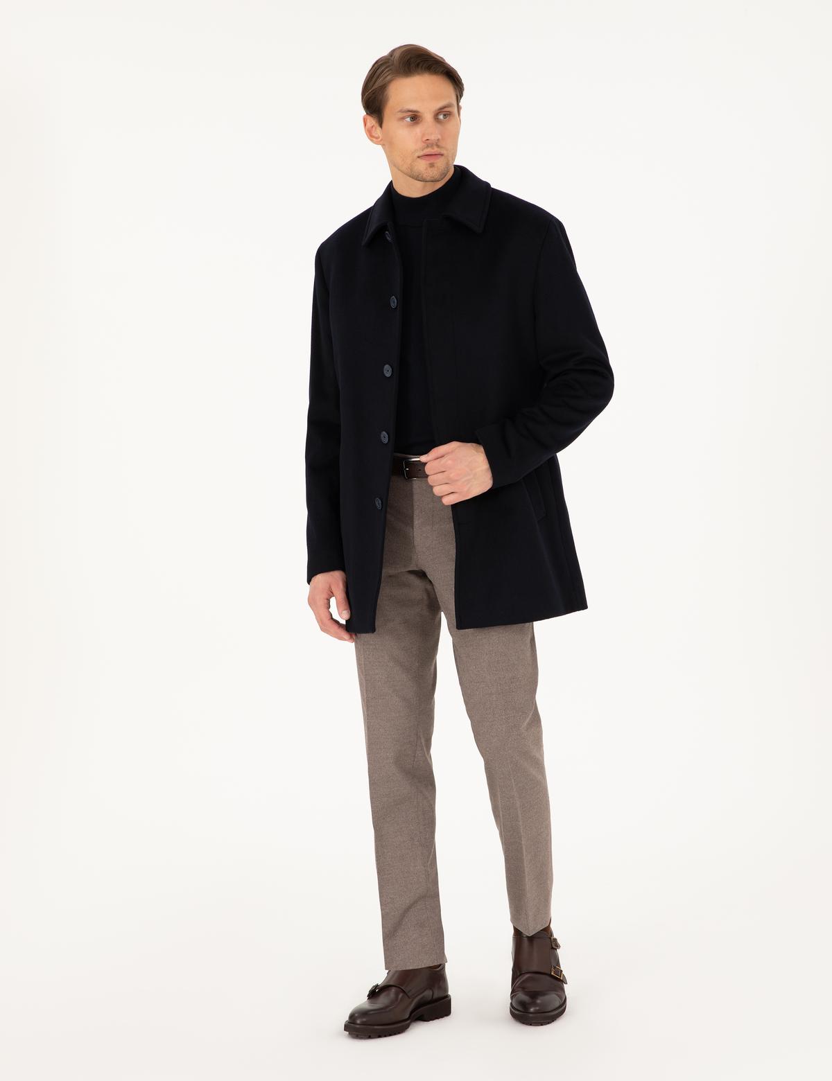 Lacivert Slim Fit Yün Karışımlı Kaşe Kaban - 50291015015