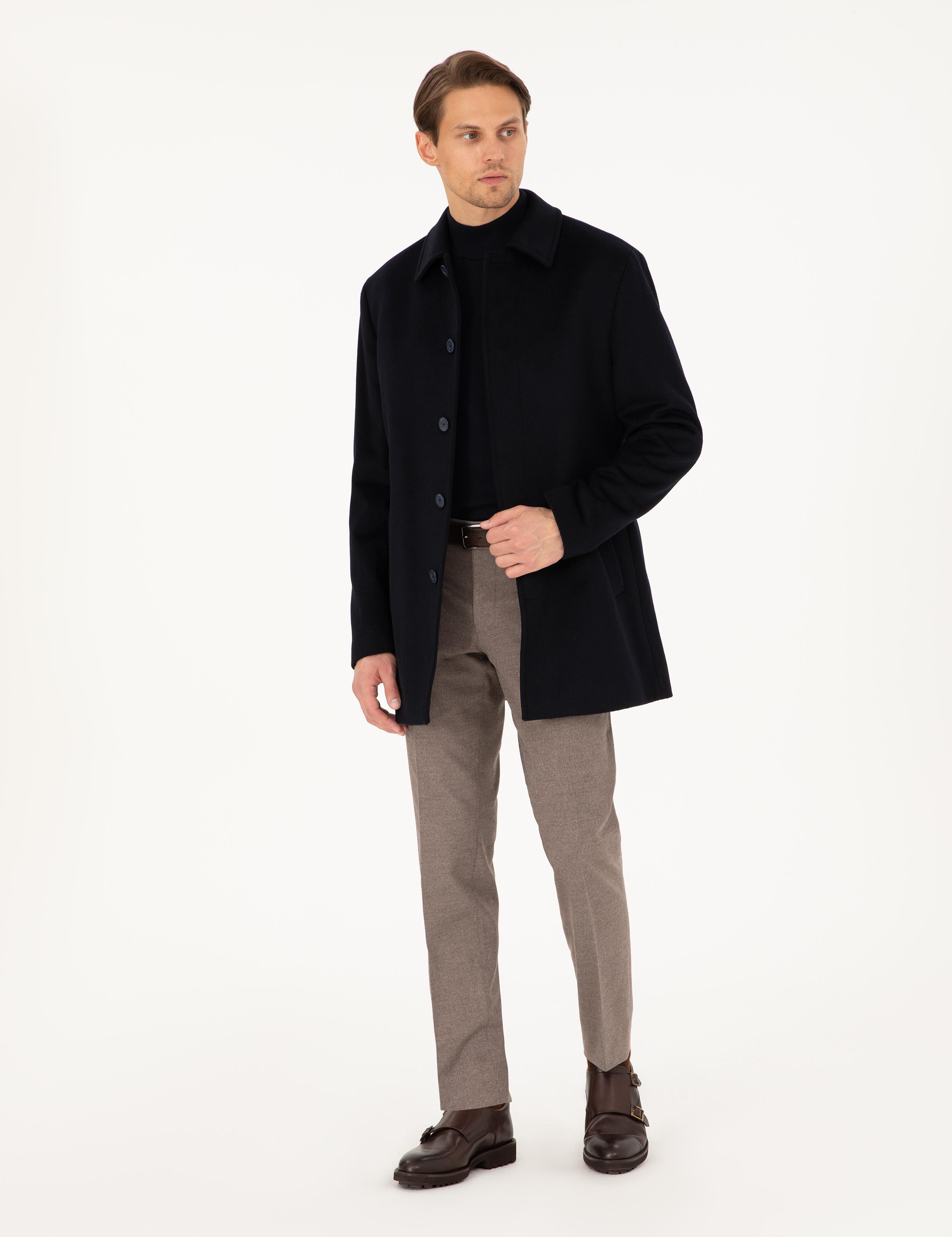 Lacivert Slim Fit Yün Karışımlı Kaşe Kaban