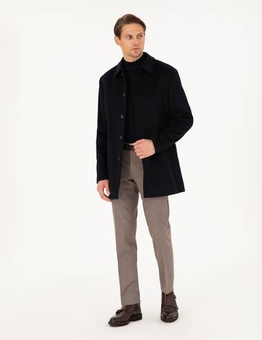 Lacivert Slim Fit Yün Karışımlı Kaşe Kaban
