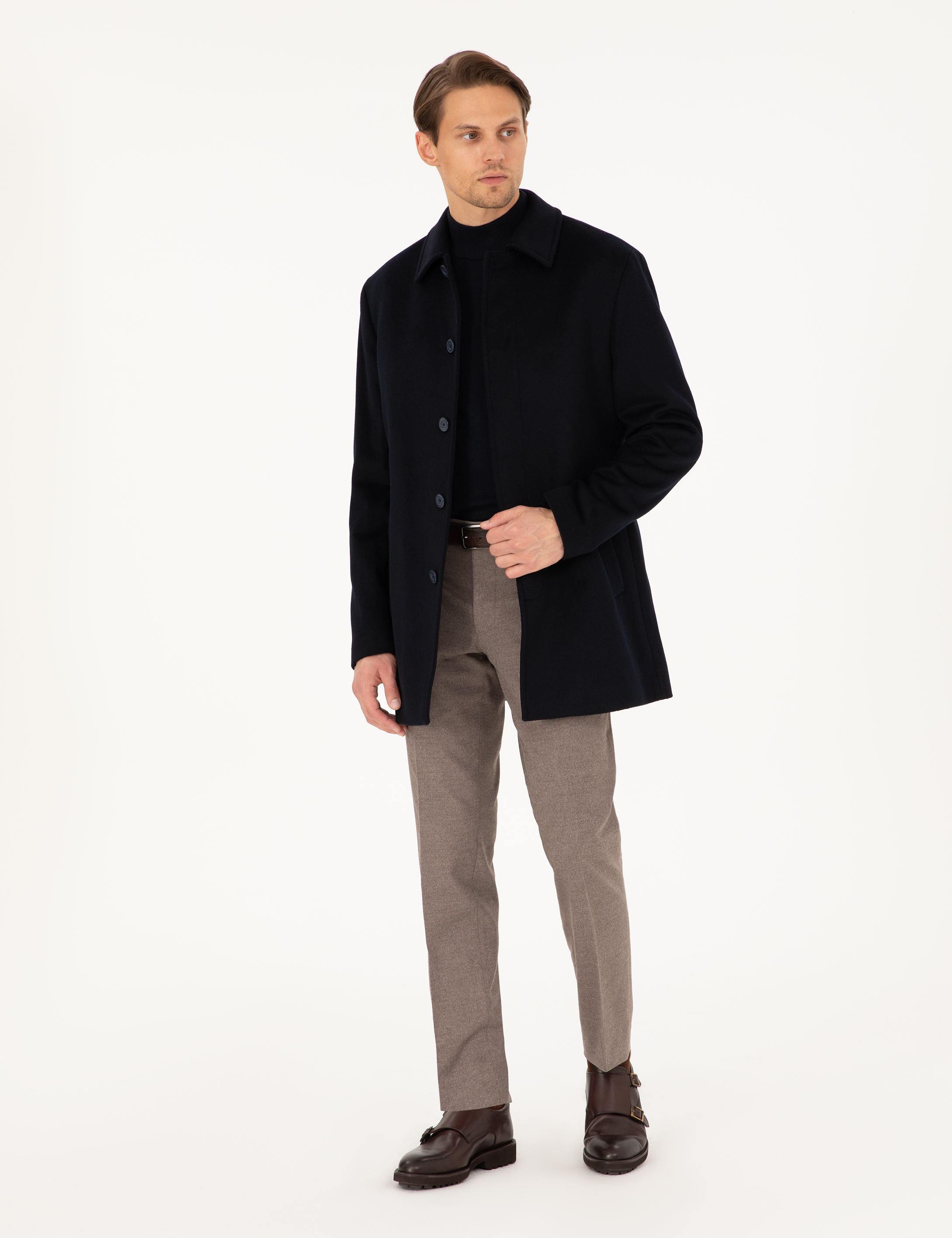 Lacivert Slim Fit Yün Karışımlı Kaşe Kaban - Image 4