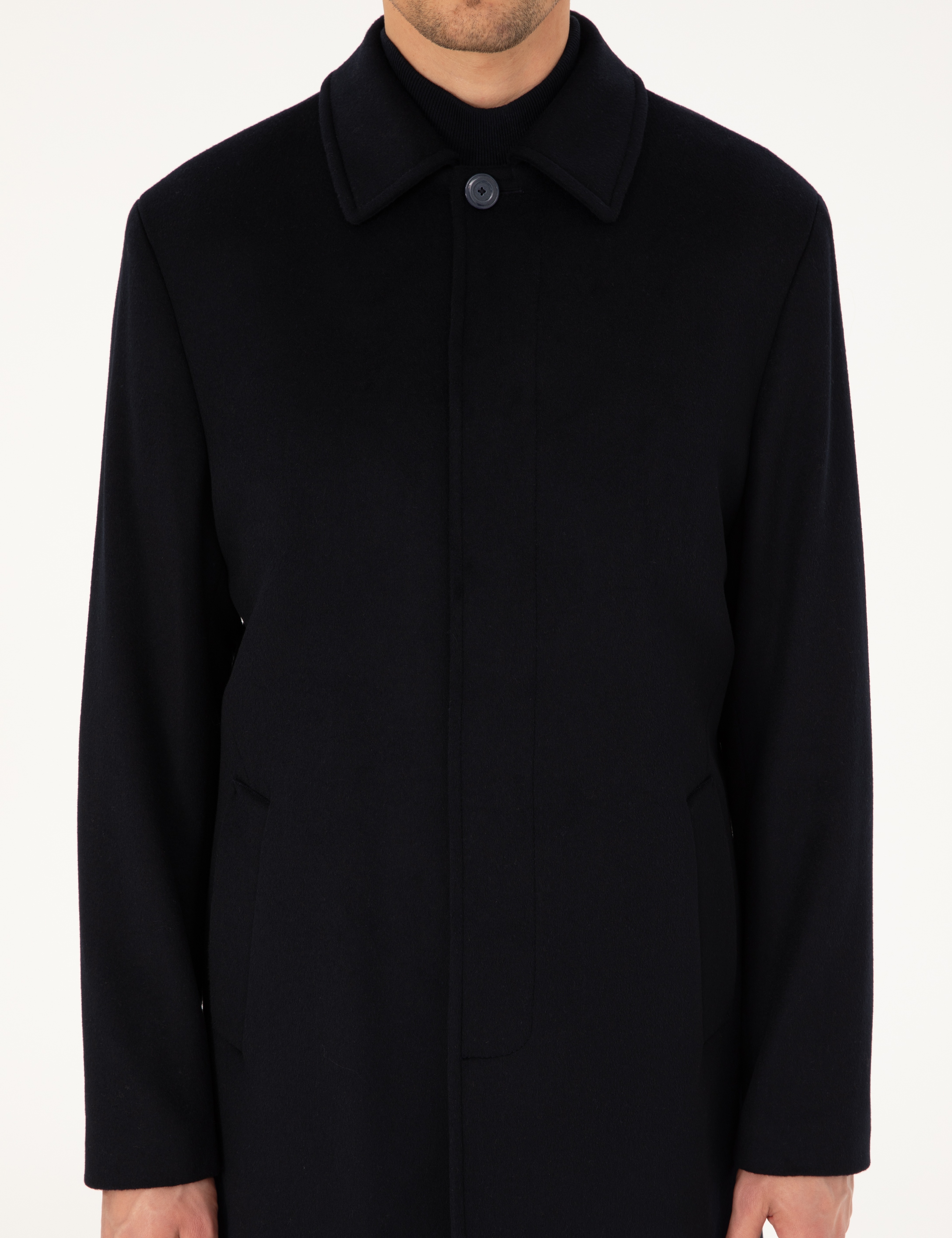 Lacivert Slim Fit Yün Karışımlı Kaşe Kaban