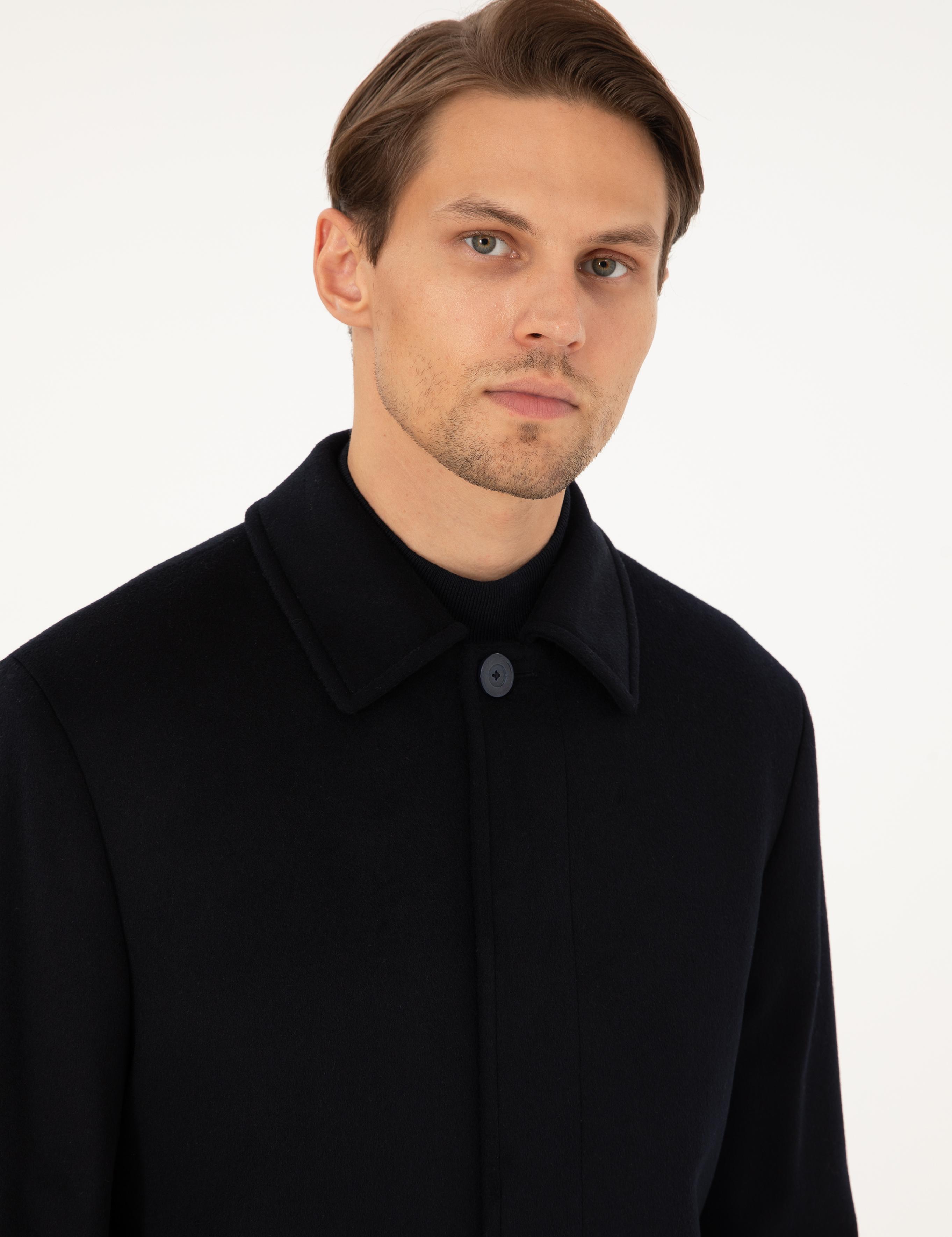 Lacivert Slim Fit Yün Karışımlı Kaşe Kaban