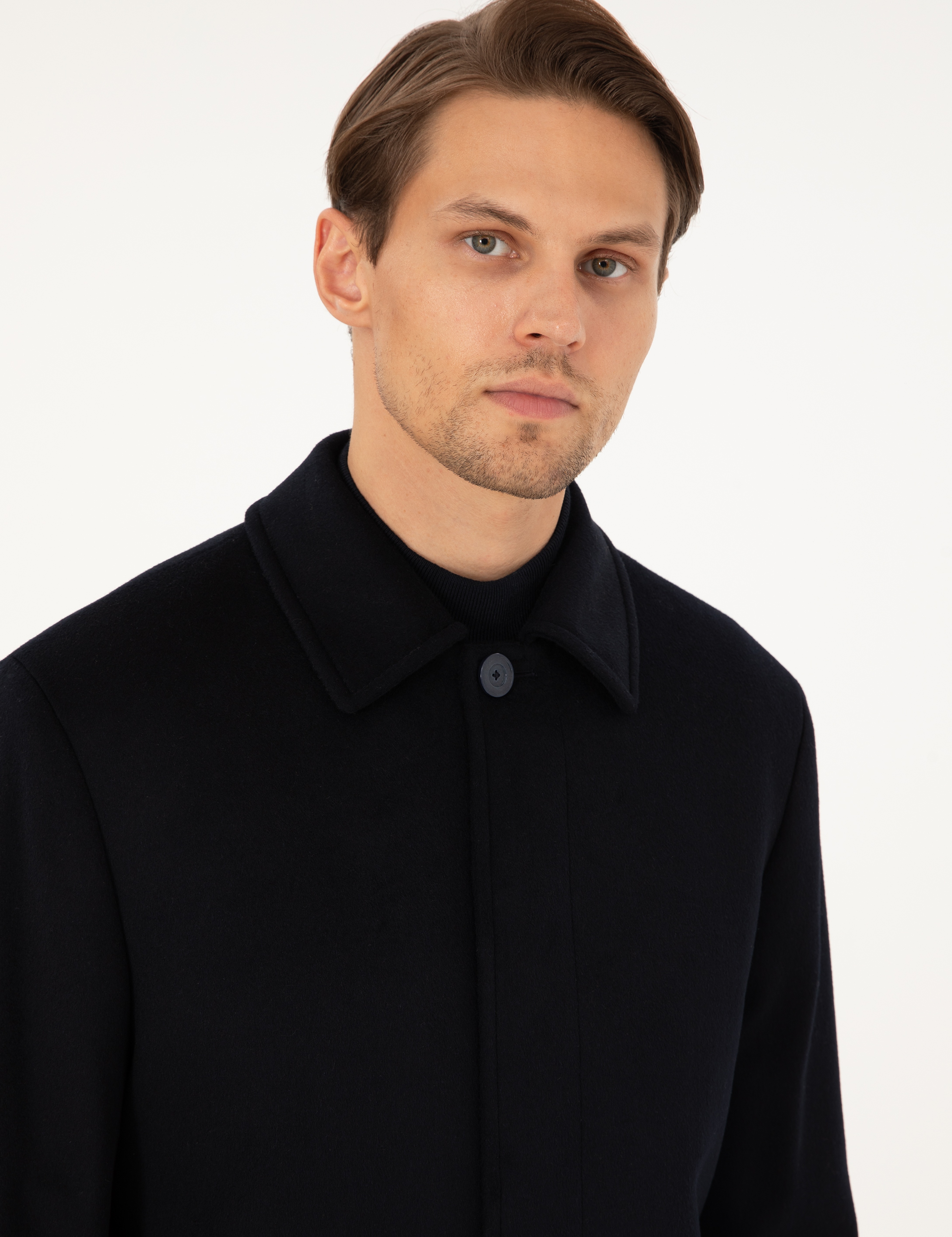 Lacivert Slim Fit Yün Karışımlı Kaşe Kaban - Image 2