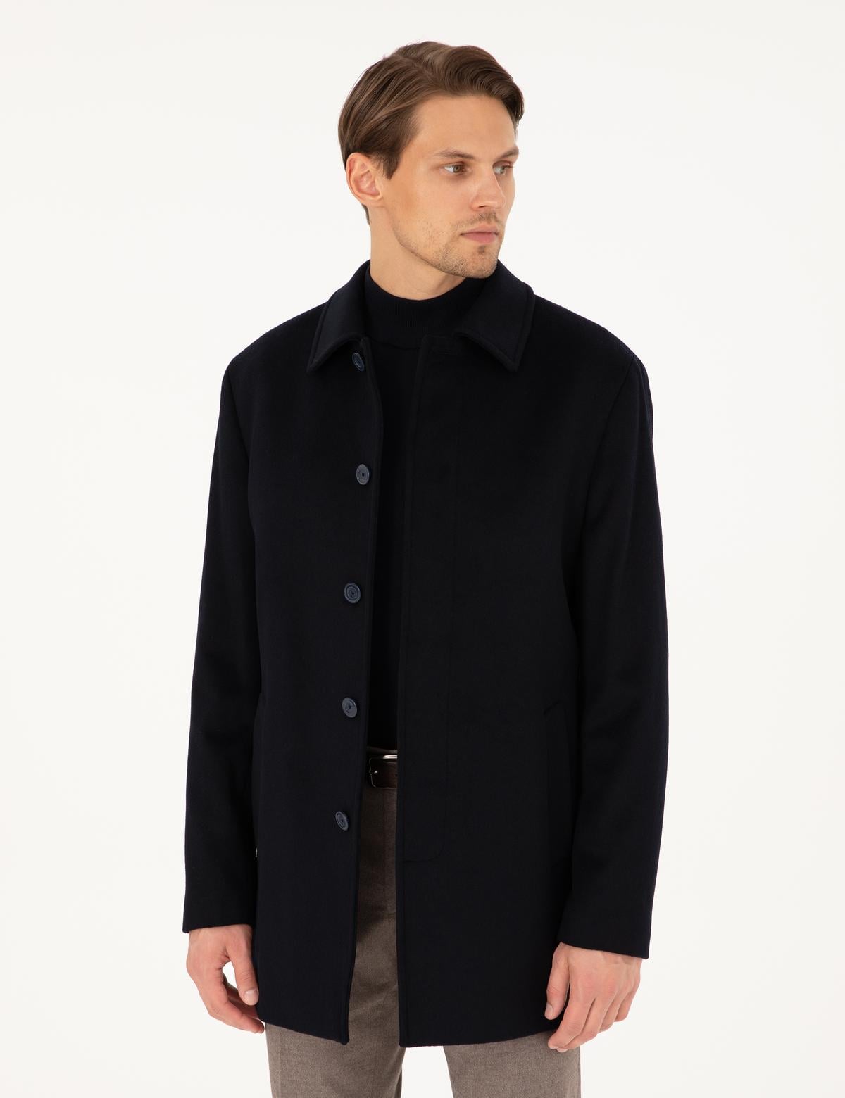 Lacivert Slim Fit Yün Karışımlı Kaşe Kaban