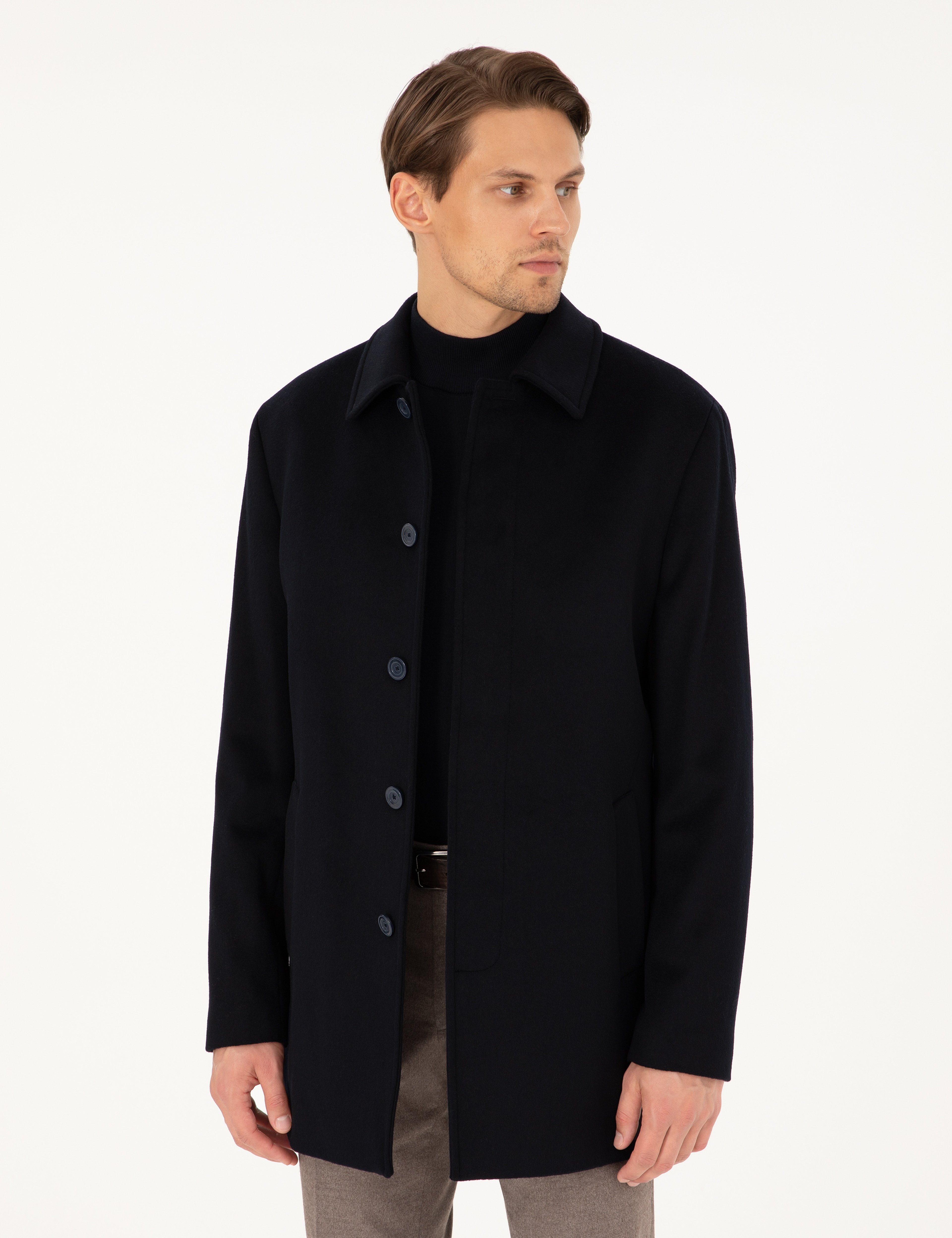 Lacivert Slim Fit Yün Karışımlı Kaşe Kaban - Image 1