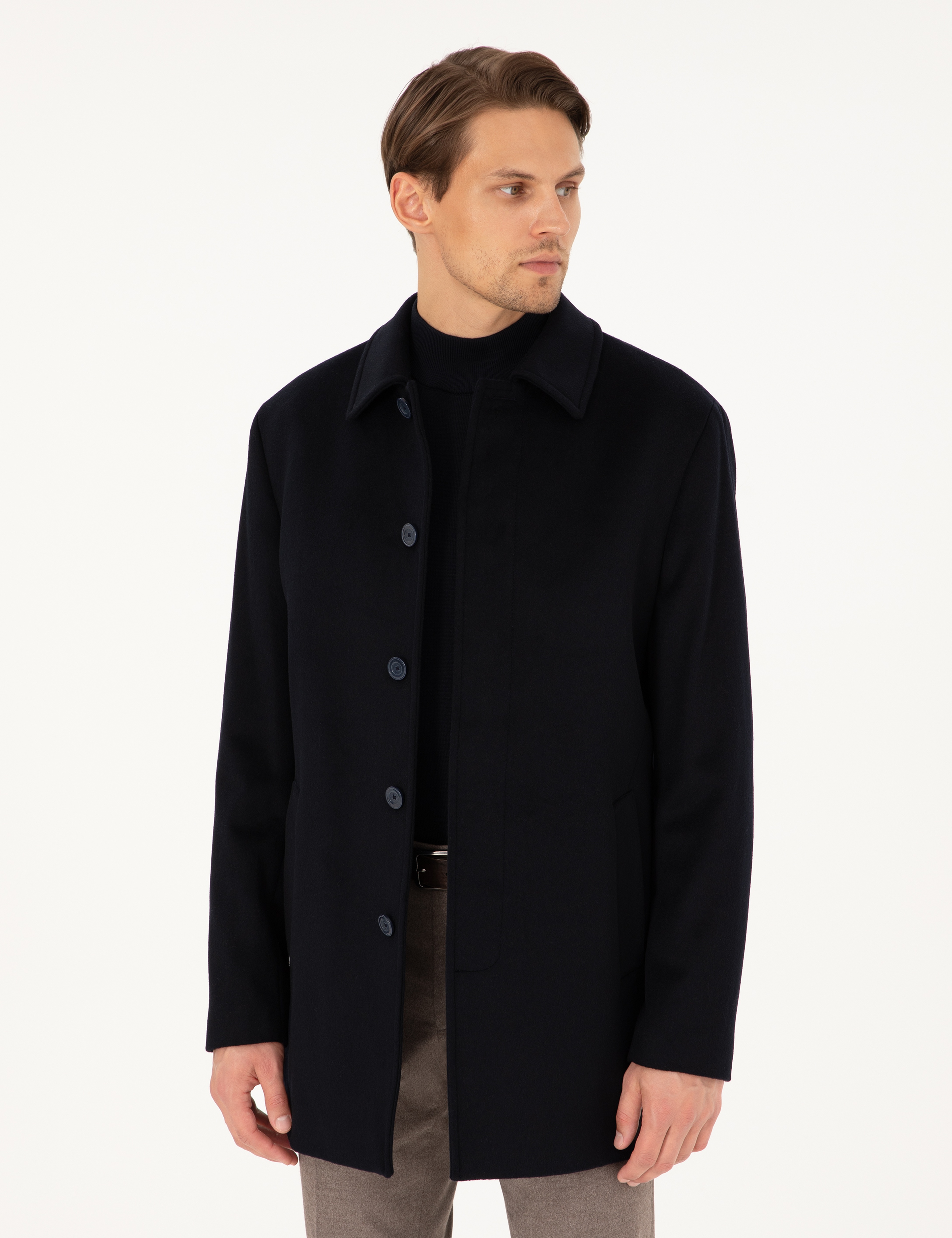 Lacivert Slim Fit Yün Karışımlı Kaşe Kaban