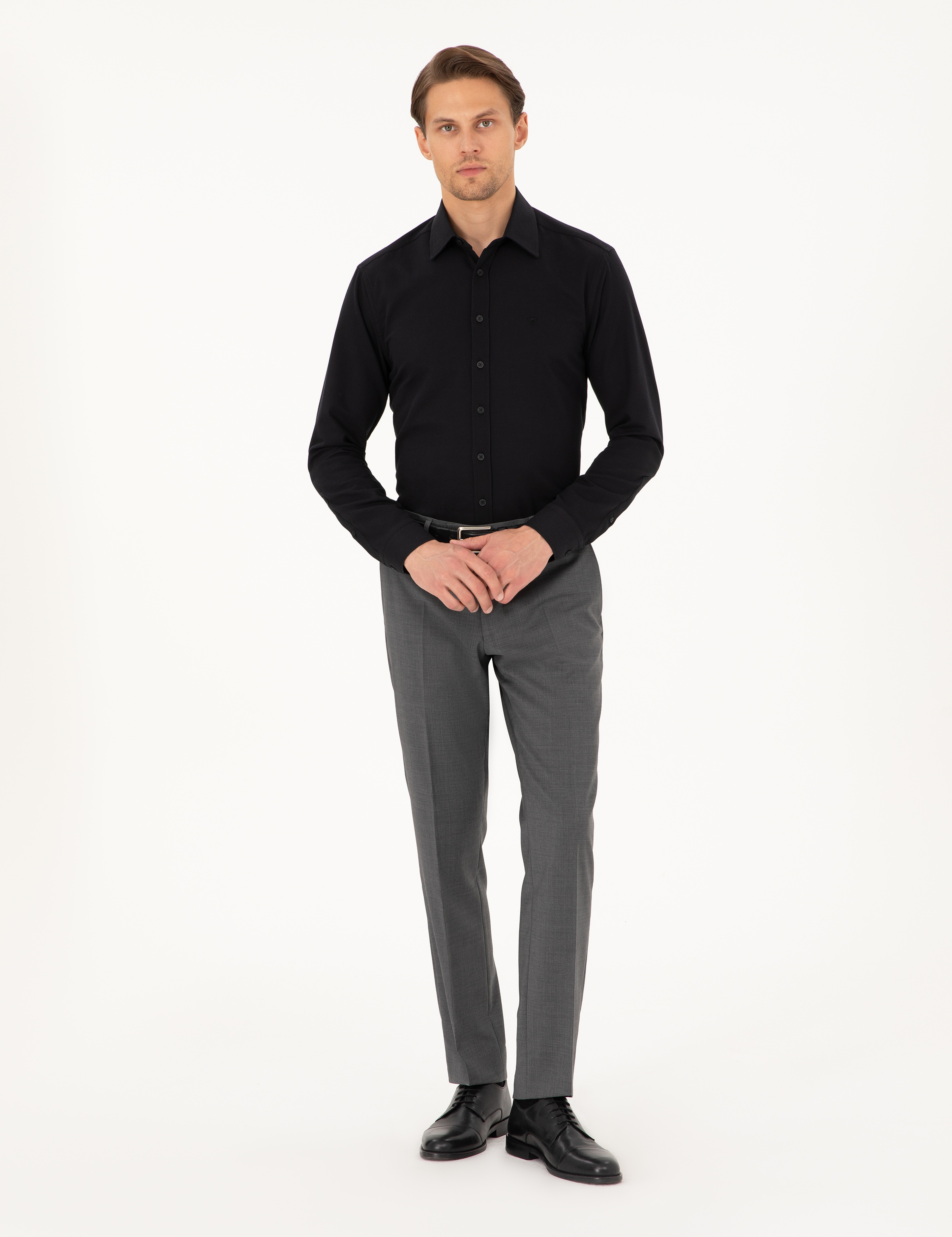 Siyah Regular Fit Uzun Kollu Gömlek - Image 4