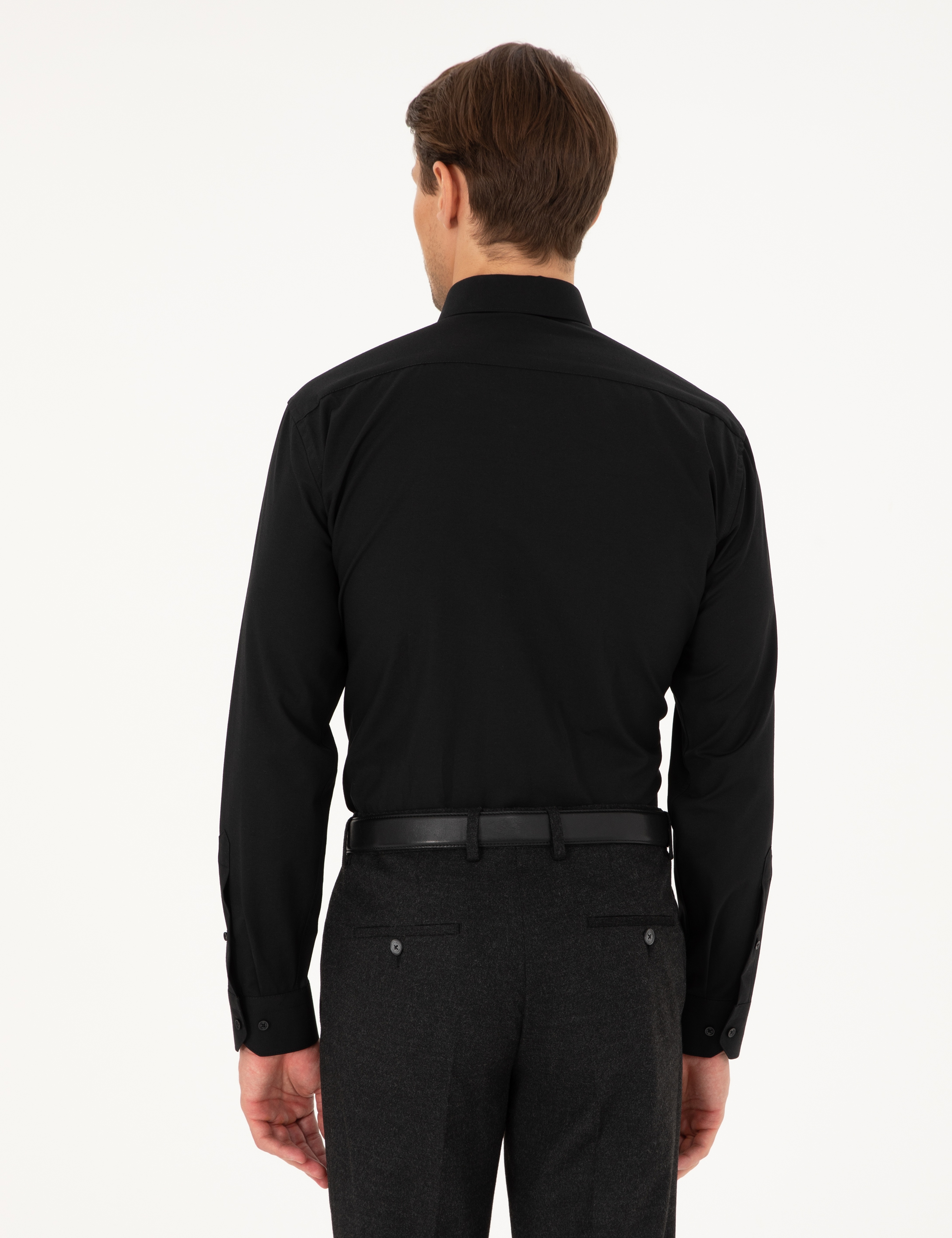 Siyah Regular Fit Uzun Kollu Basic Gömlek - Image 5