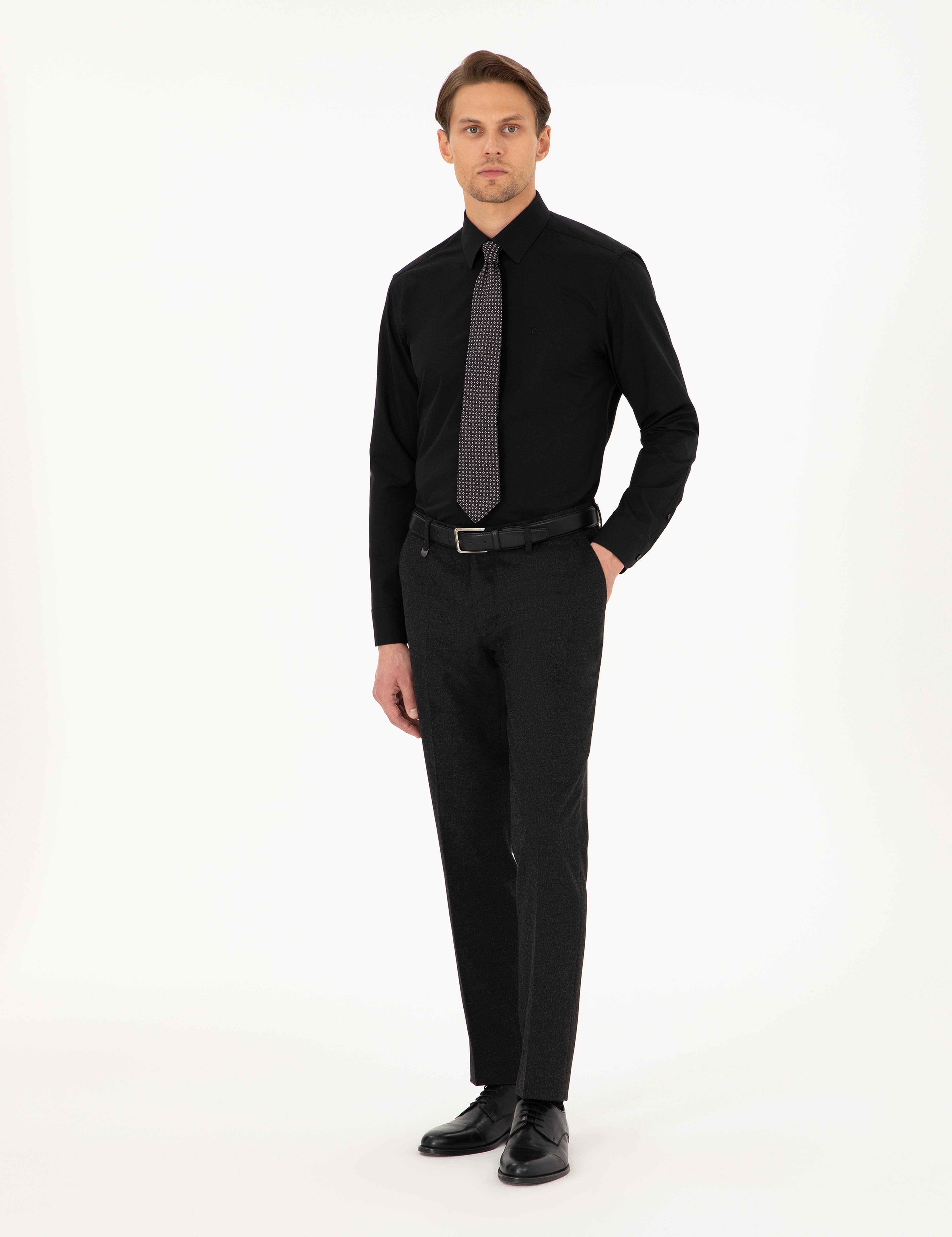 Siyah Regular Fit Uzun Kollu Basic Gömlek - Image 4