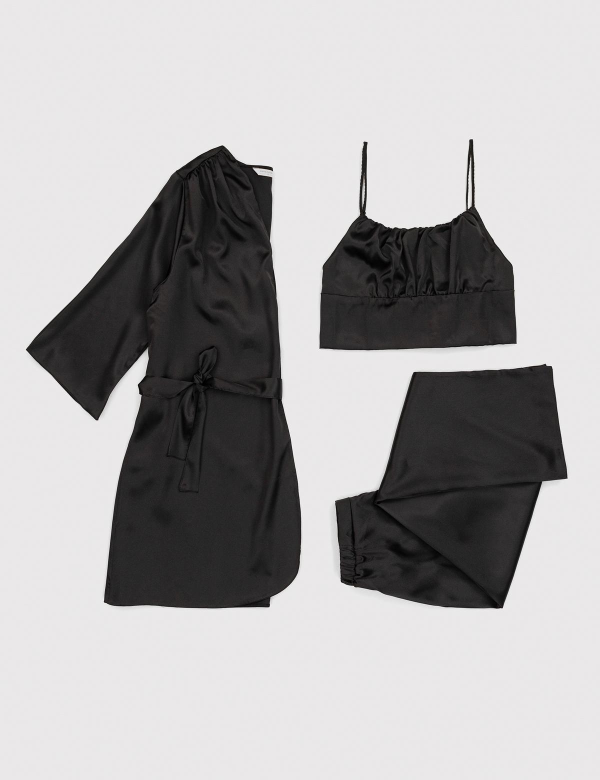 Siyah Saten 3'lü Pijama Takımı