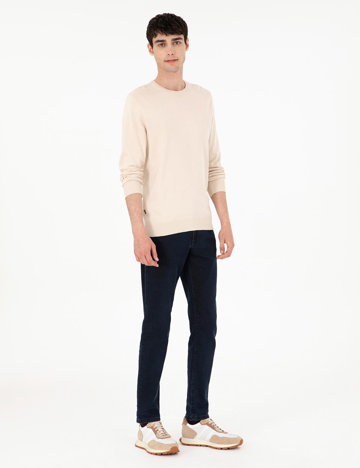 Bej Slim Fit Bisiklet Yaka Basic Triko Kazak - 50296575023