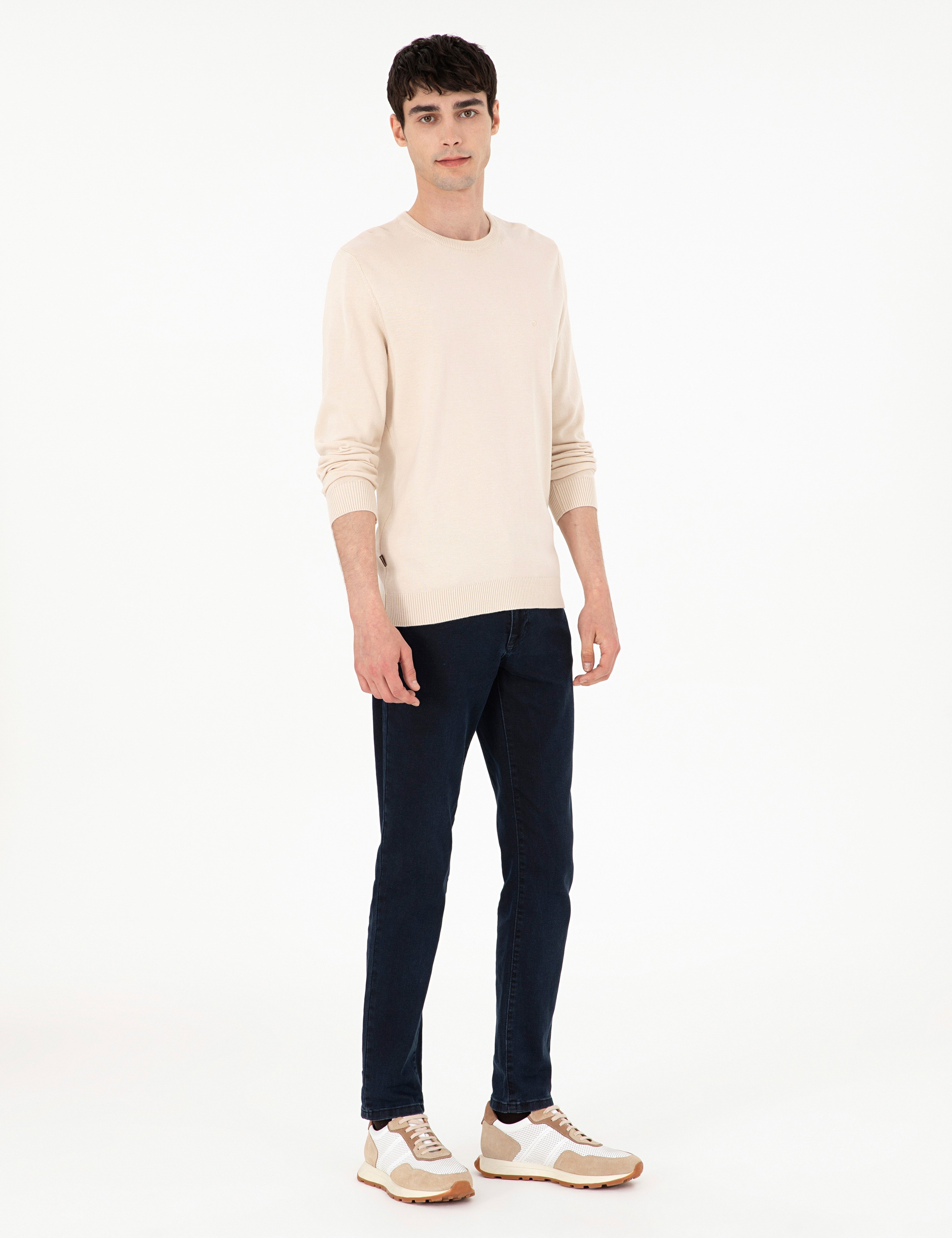Bej Slim Fit Bisiklet Yaka Basic Triko Kazak
