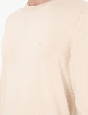 Bej Slim Fit Bisiklet Yaka Basic Triko Kazak