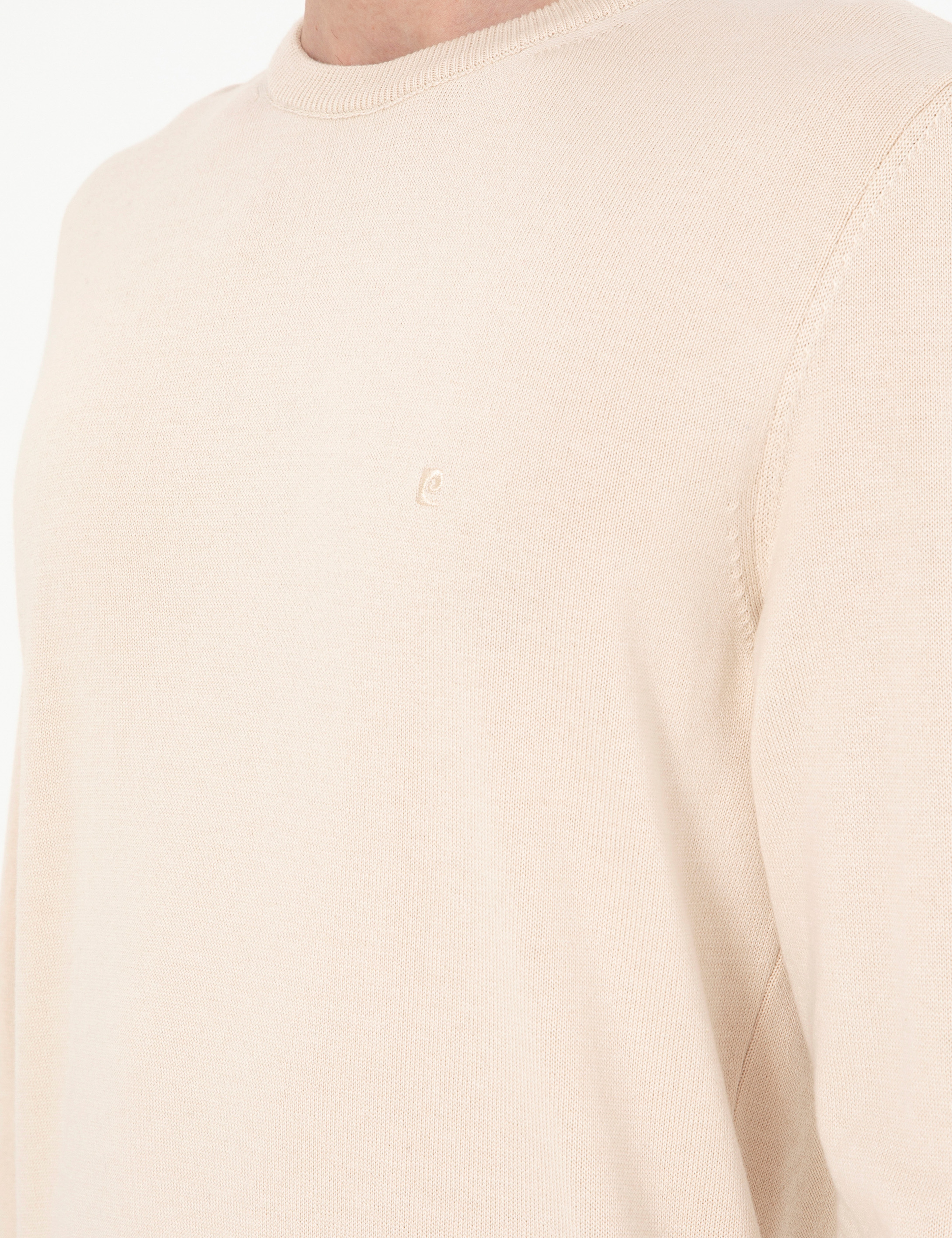 Bej Slim Fit Bisiklet Yaka Basic Triko Kazak - Image 7