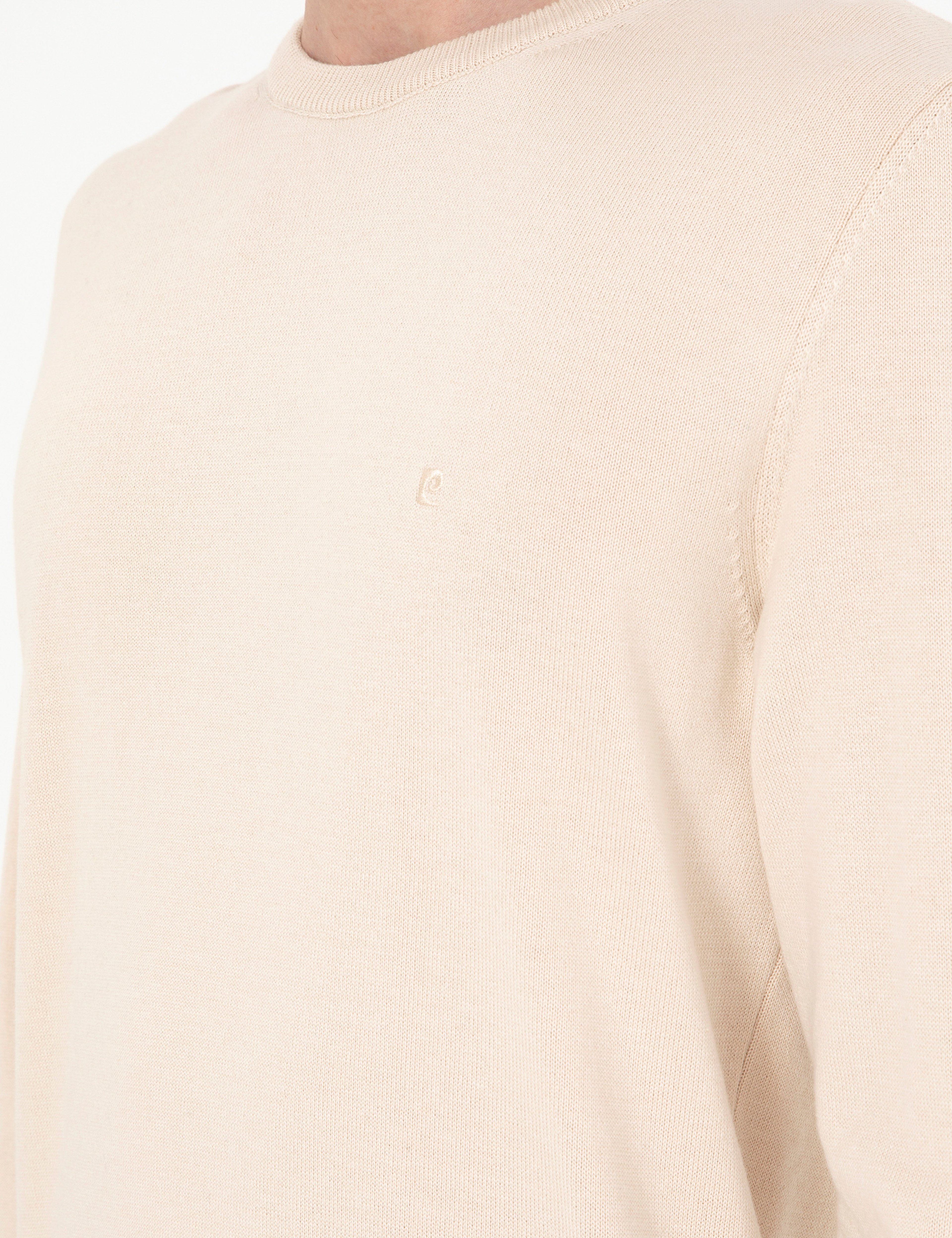 Bej Slim Fit Bisiklet Yaka Basic Triko Kazak