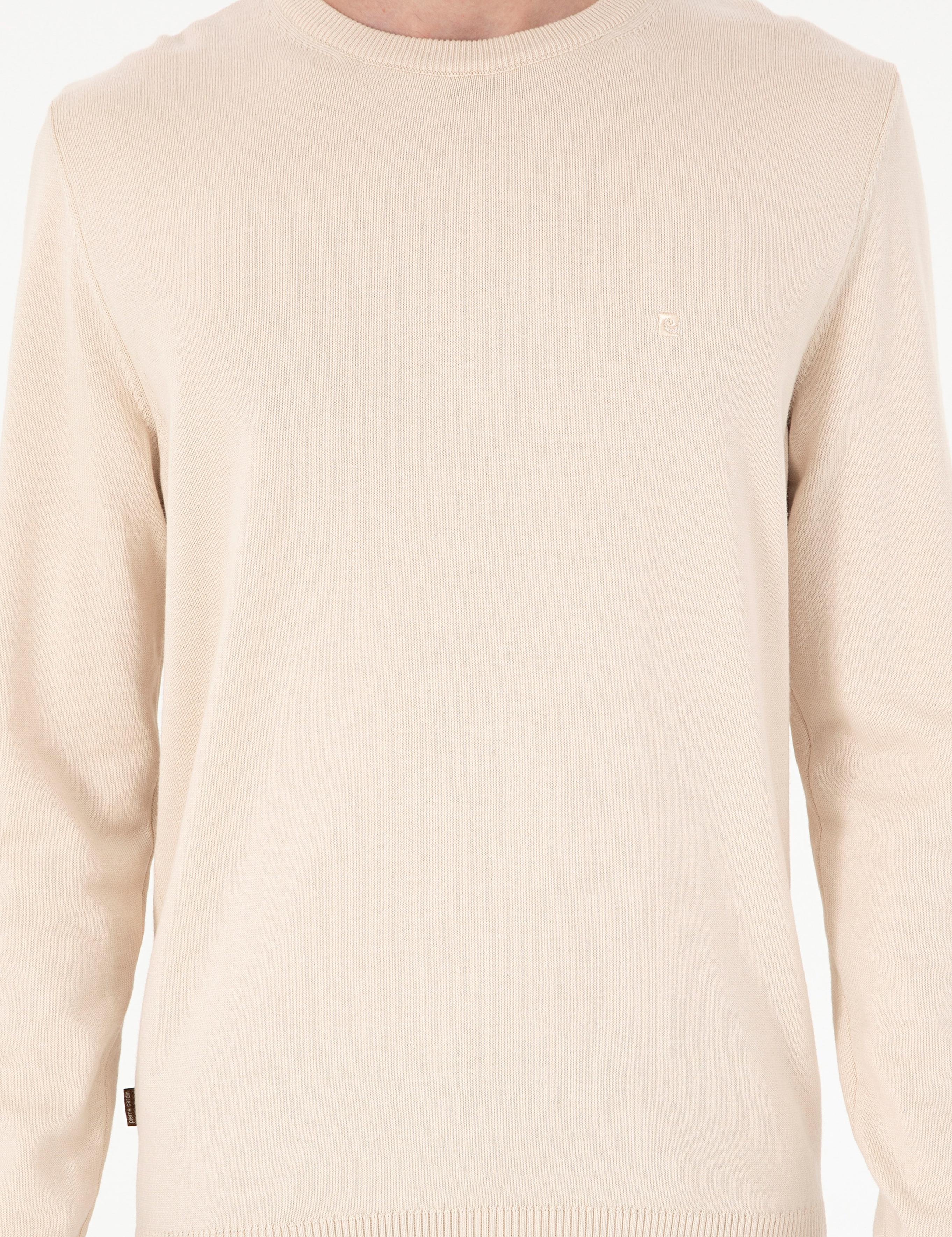 Bej Slim Fit Bisiklet Yaka Basic Triko Kazak