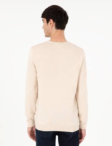 Bej Slim Fit Bisiklet Yaka Basic Triko Kazak
