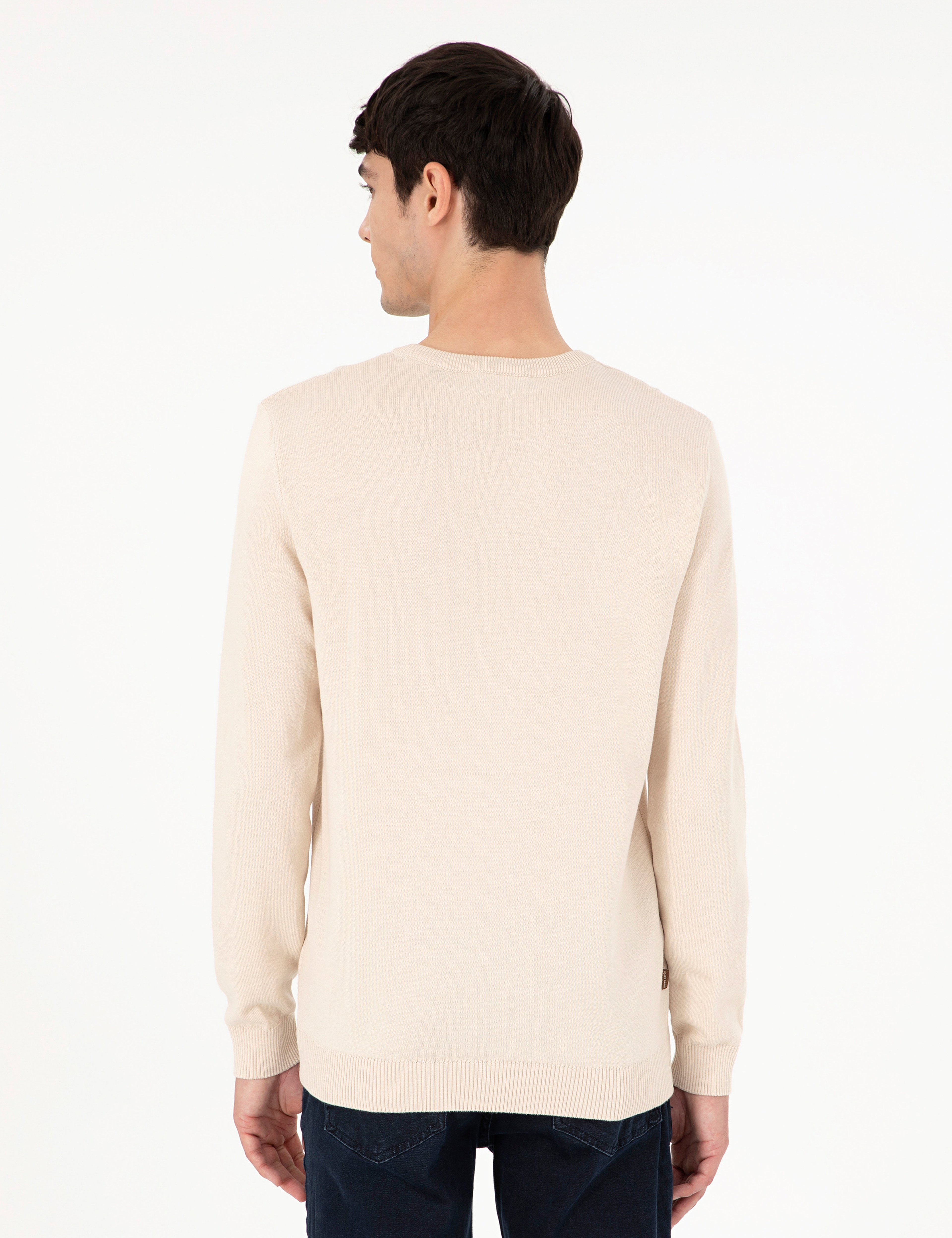 Bej Slim Fit Bisiklet Yaka Basic Triko Kazak