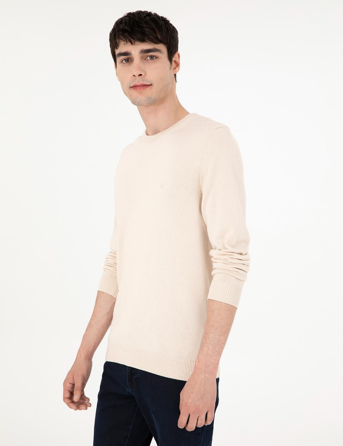 Bej Slim Fit Bisiklet Yaka Basic Triko Kazak - 50296575023