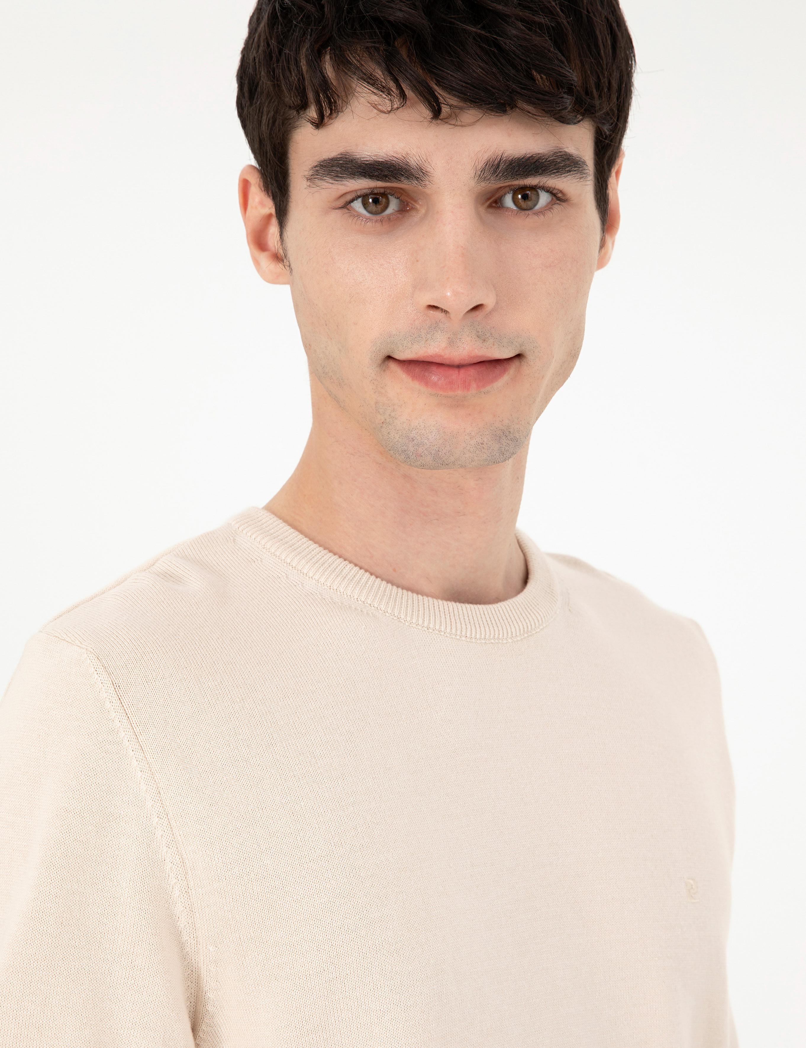 Bej Slim Fit Bisiklet Yaka Basic Triko Kazak