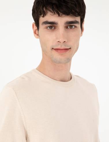 Bej Slim Fit Bisiklet Yaka Basic Triko Kazak