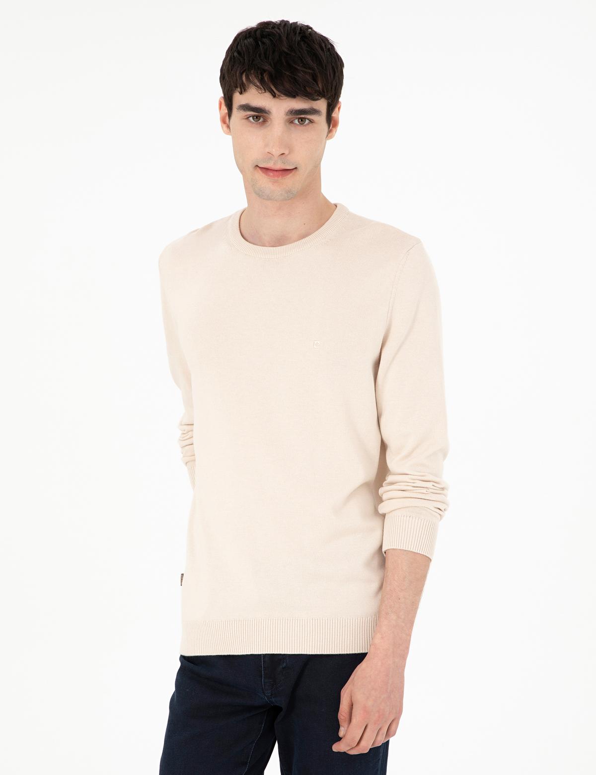 Bej Slim Fit Bisiklet Yaka Basic Triko Kazak