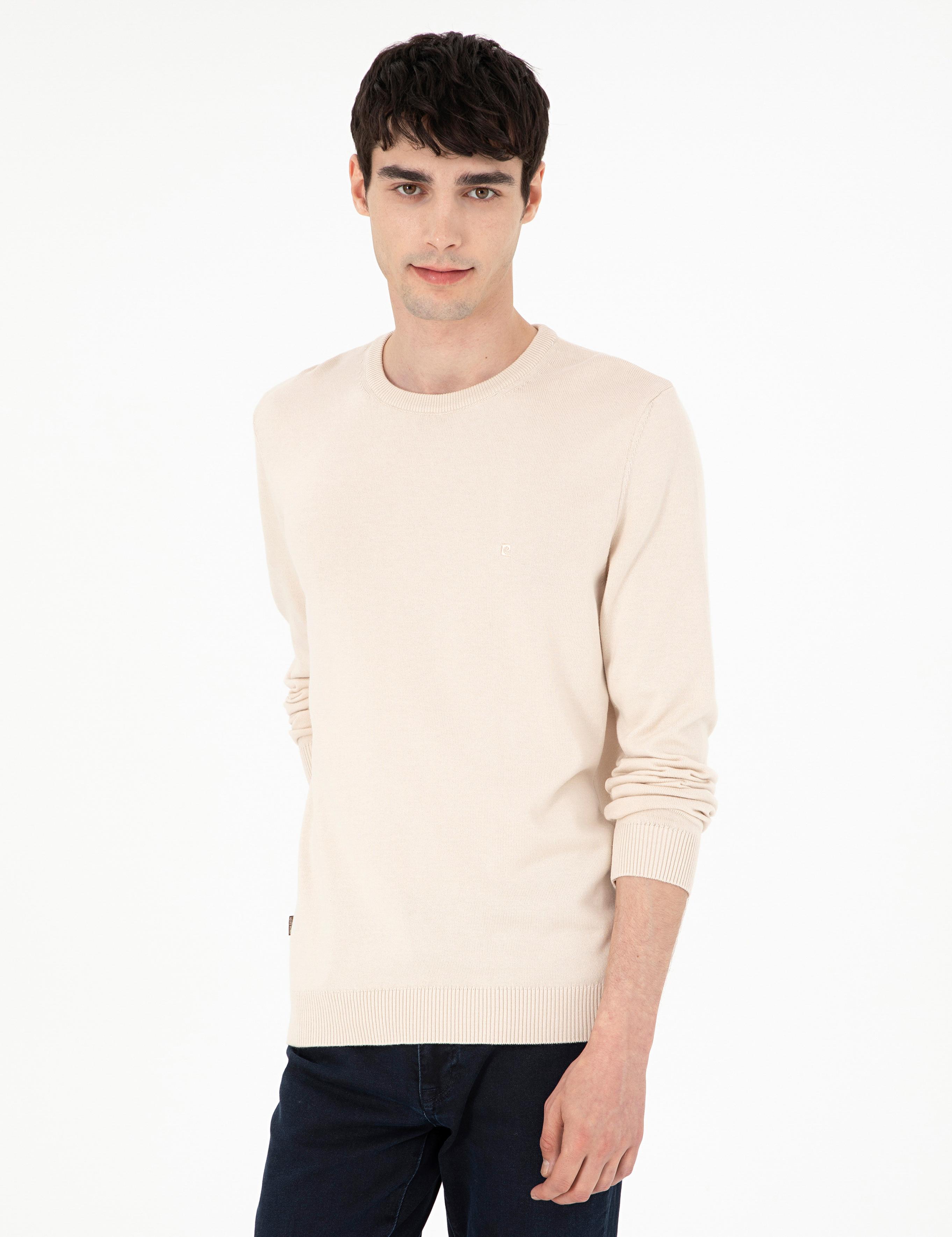 Bej Slim Fit Bisiklet Yaka Basic Triko Kazak