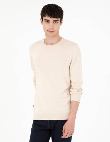 Bej Slim Fit Bisiklet Yaka Basic Triko Kazak