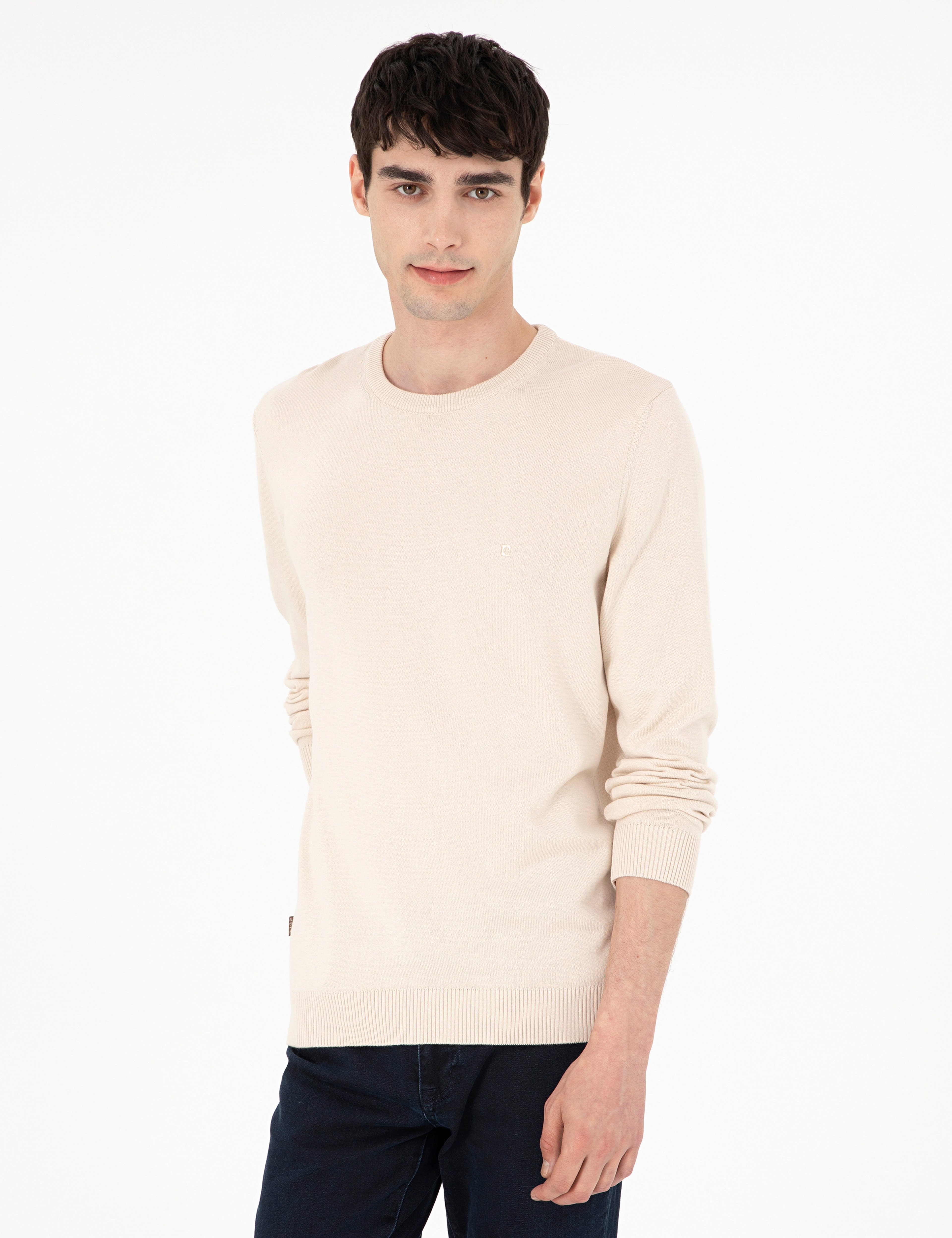 Bej Slim Fit Bisiklet Yaka Basic Triko Kazak - Image 1