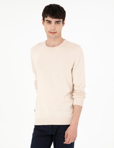 Bej Slim Fit Bisiklet Yaka Basic Triko Kazak