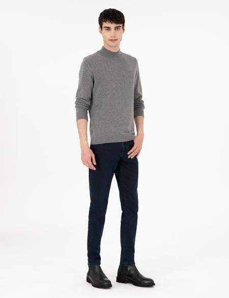 Gri Melanj Slim Fit Yarım Balıkçı Yaka Basic Triko Kazak - 50296548064