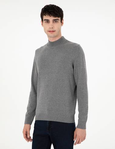 Gri Melanj Slim Fit Yarım Balıkçı Yaka Basic Triko Kazak