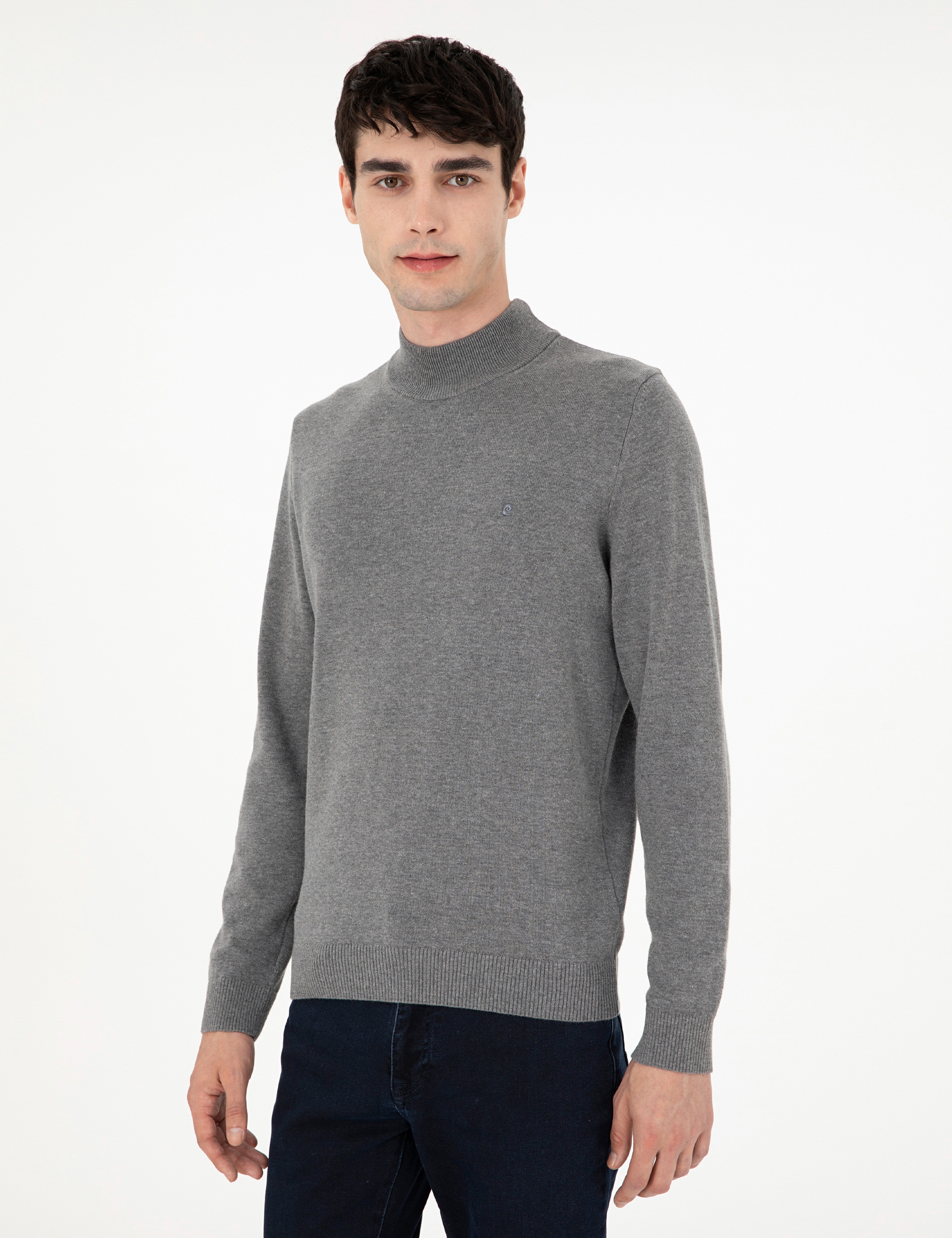 Gri Melanj Slim Fit Yarım Balıkçı Yaka Basic Triko Kazak - Image 3