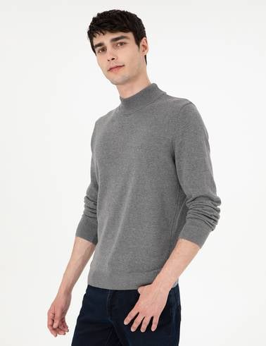 Gri Melanj Slim Fit Yarım Balıkçı Yaka Basic Triko Kazak