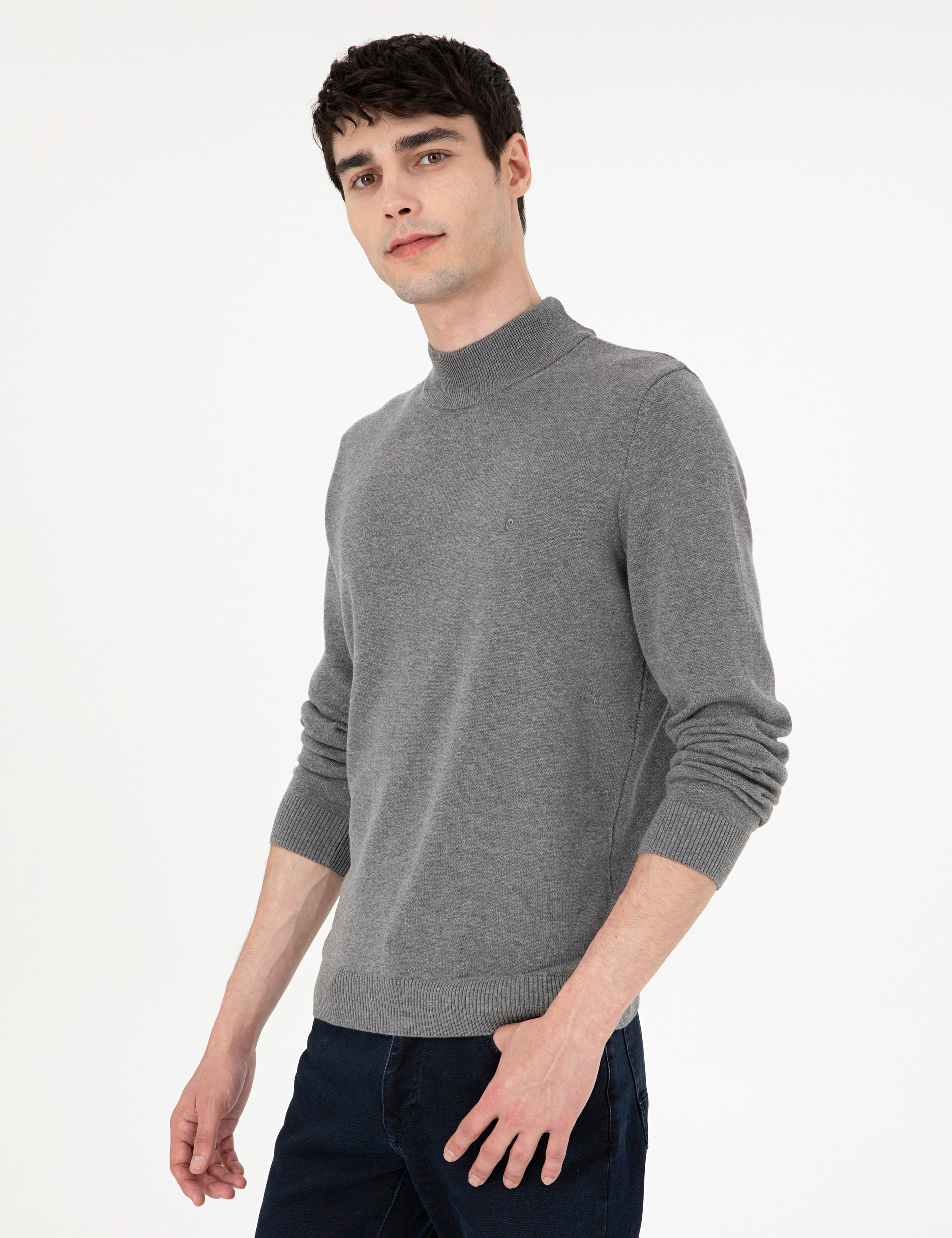 Gri Melanj Slim Fit Yarım Balıkçı Yaka Basic Triko Kazak