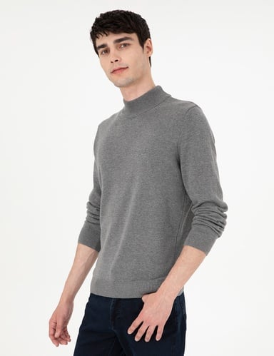 Gri Melanj Slim Fit Yarım Balıkçı Yaka Basic Triko Kazak