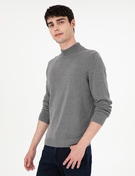 Gri Melanj Slim Fit Yarım Balıkçı Yaka Basic Triko Kazak - 50296548064