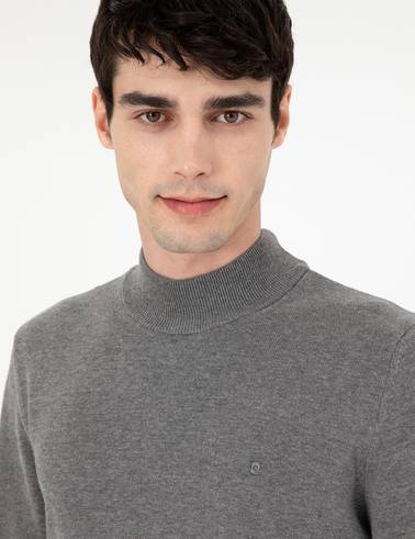 Gri Melanj Slim Fit Yarım Balıkçı Yaka Basic Triko Kazak