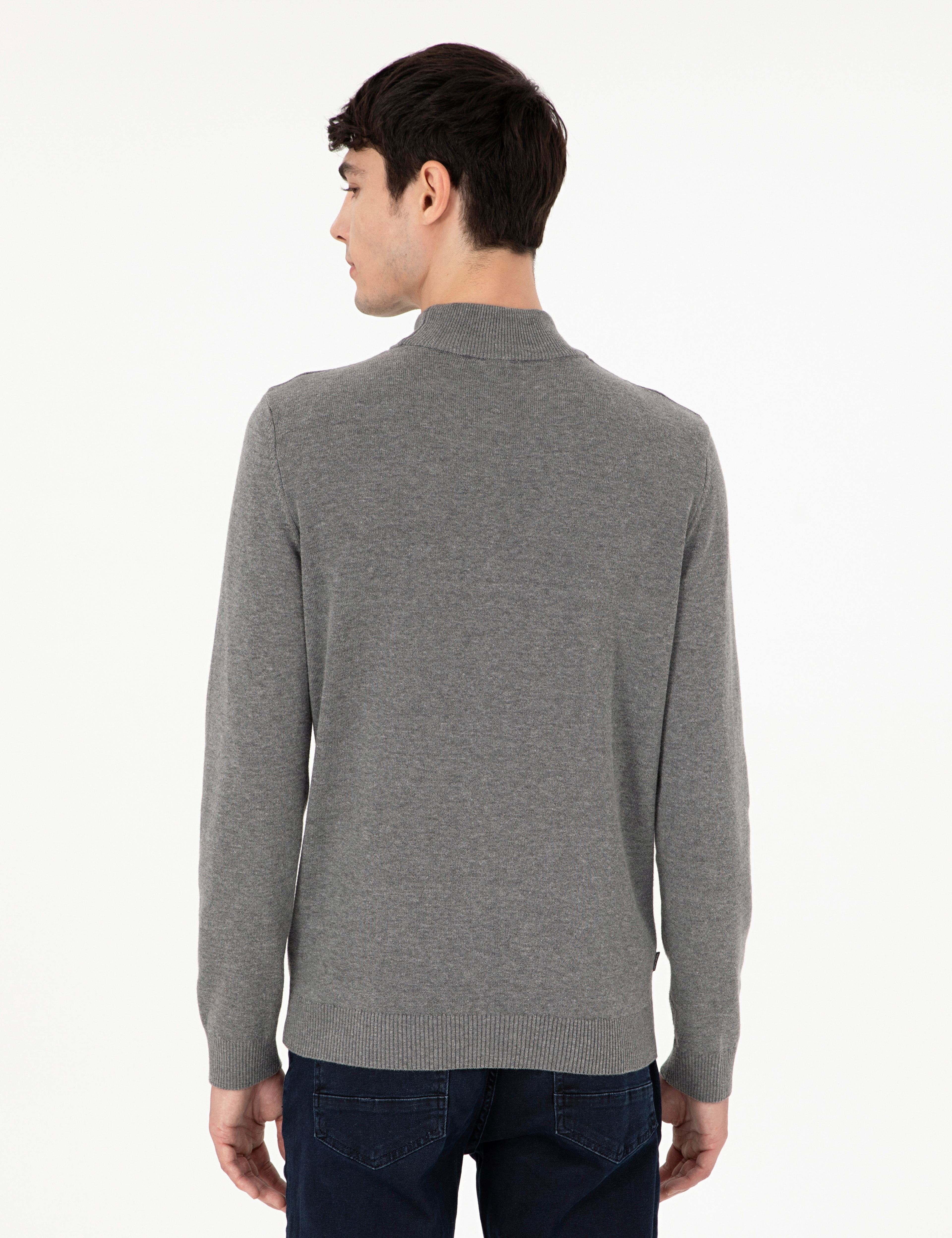 Gri Melanj Slim Fit Yarım Balıkçı Yaka Basic Triko Kazak - Image 5