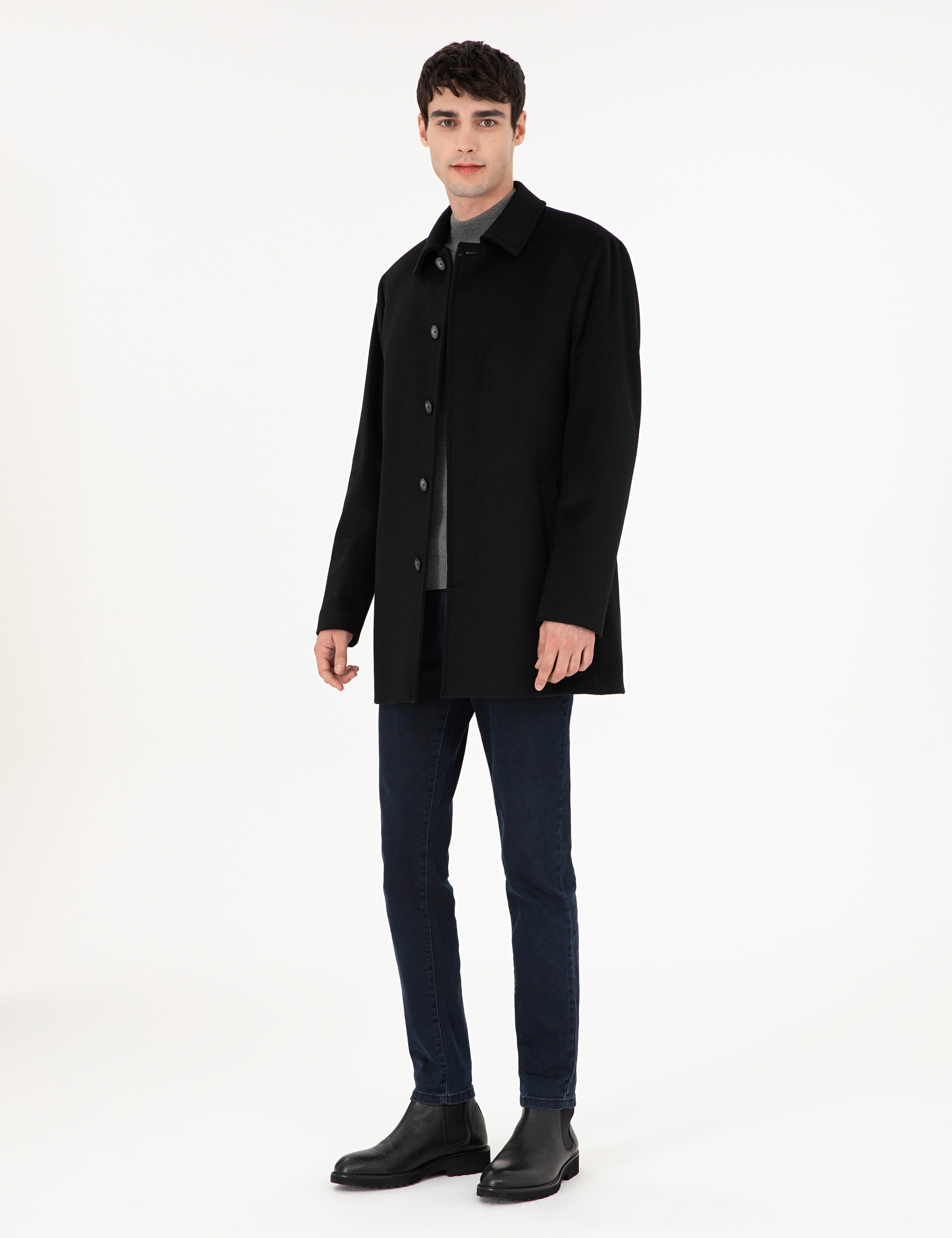 Siyah Slim Fit Kaşe Kaban - Image 4