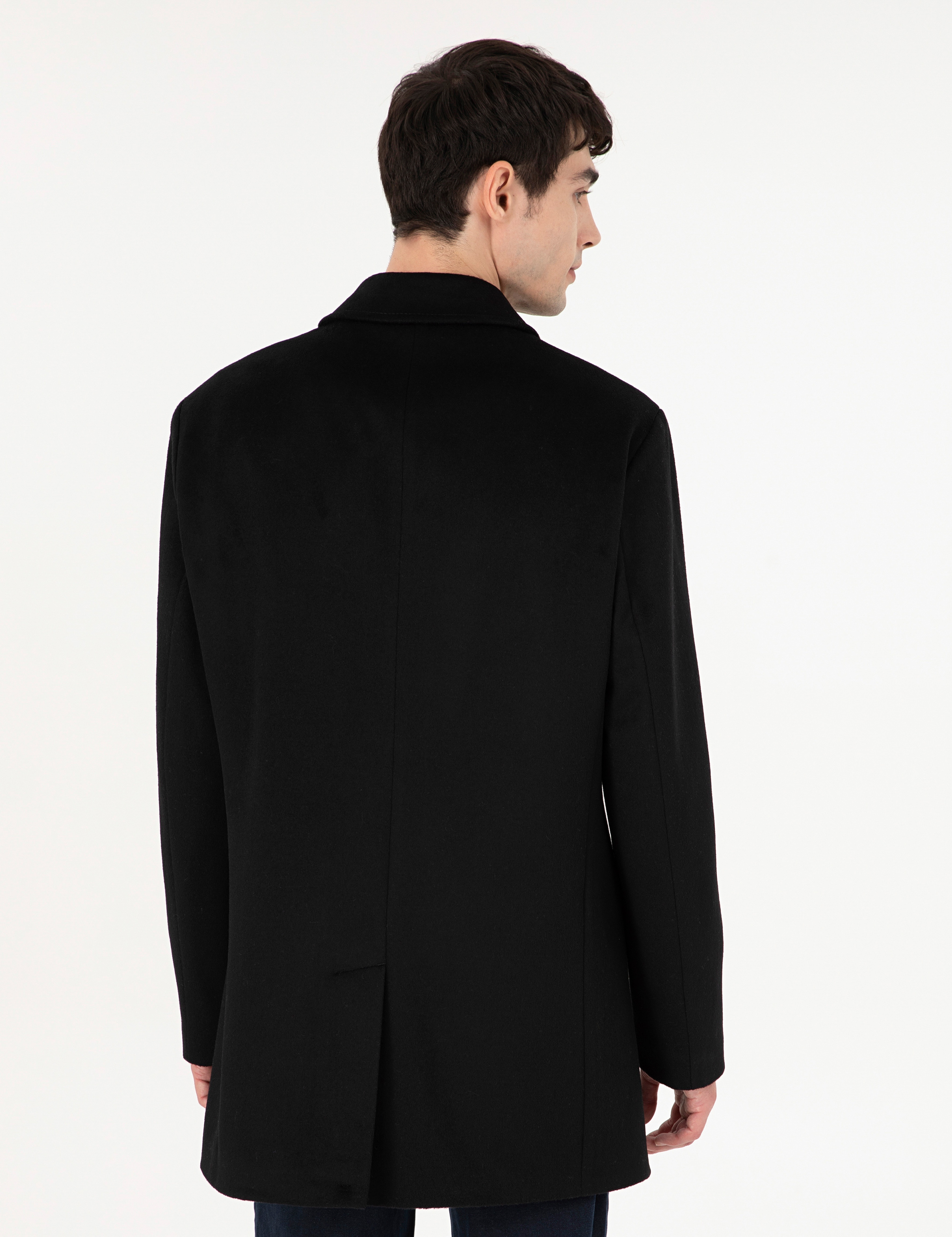 Siyah Slim Fit Kaşe Kaban - Image 5