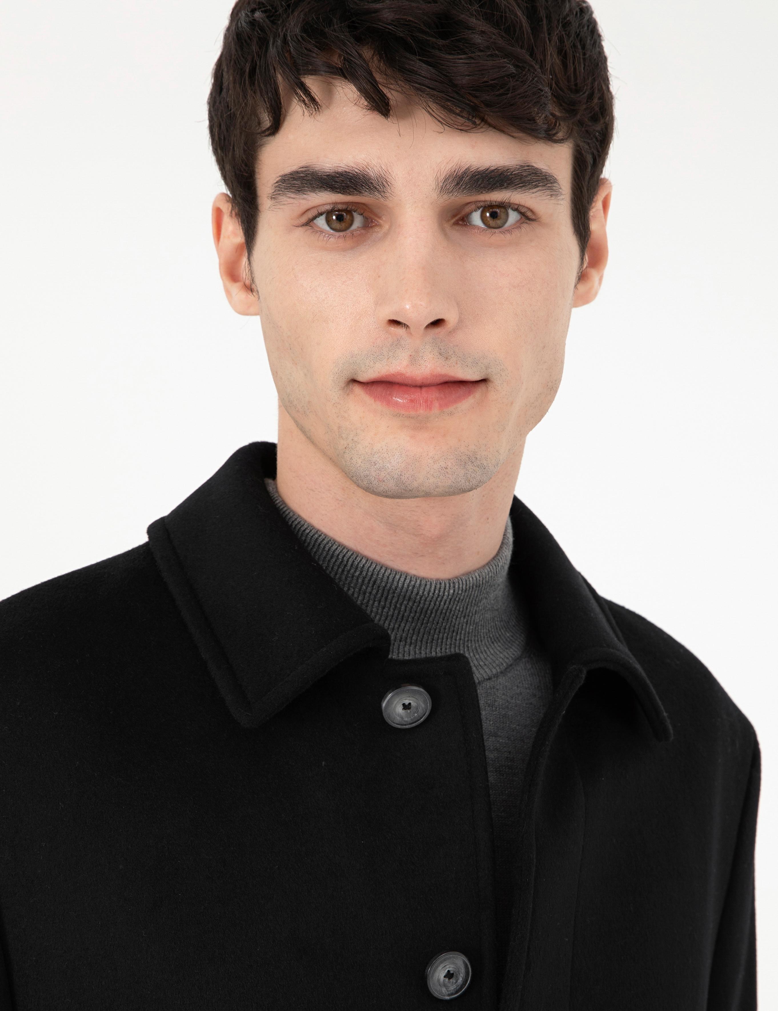 Siyah Slim Fit Kaşe Kaban