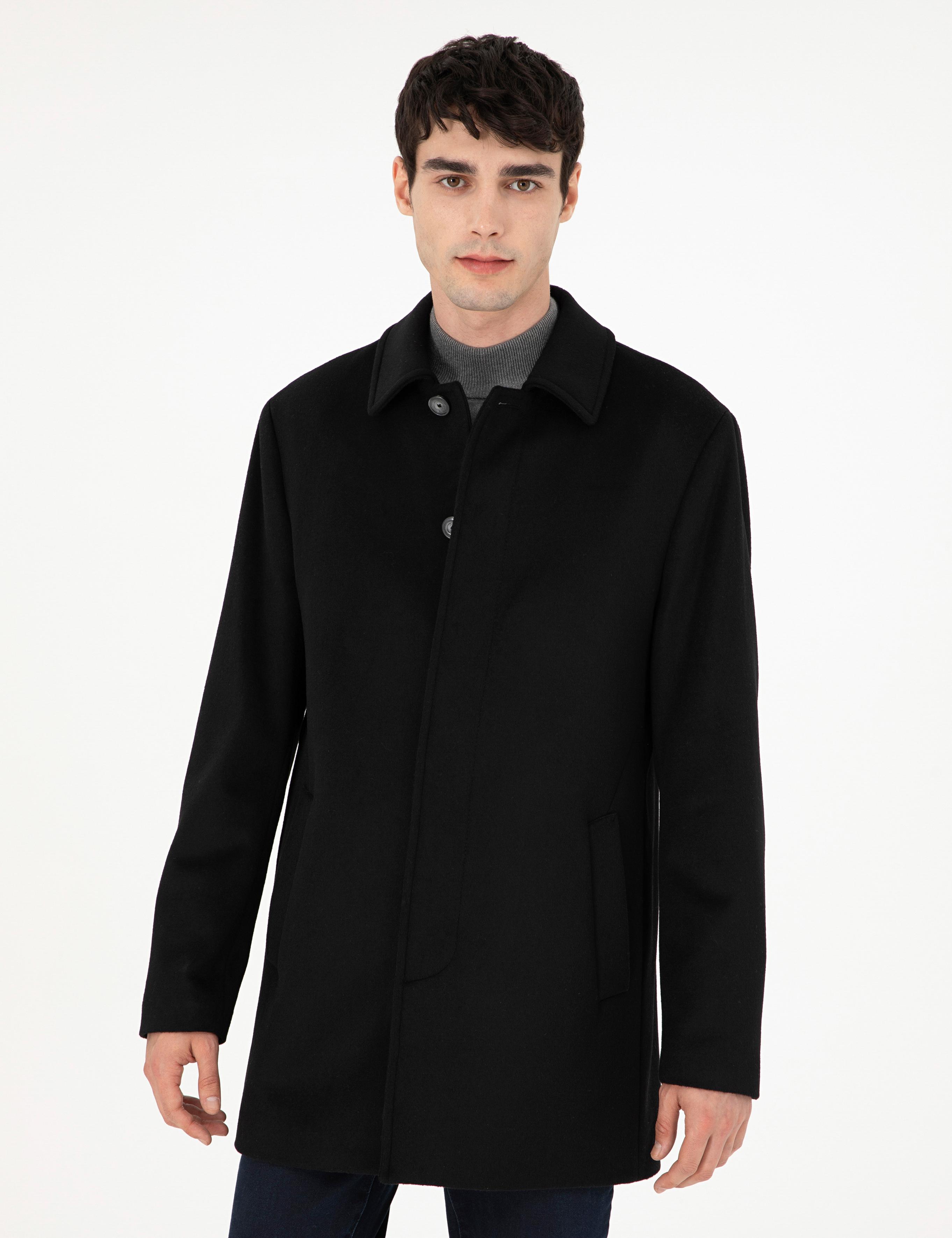 Siyah Slim Fit Kaşe Kaban