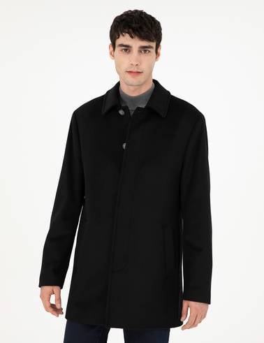 Siyah Slim Fit Kaşe Kaban