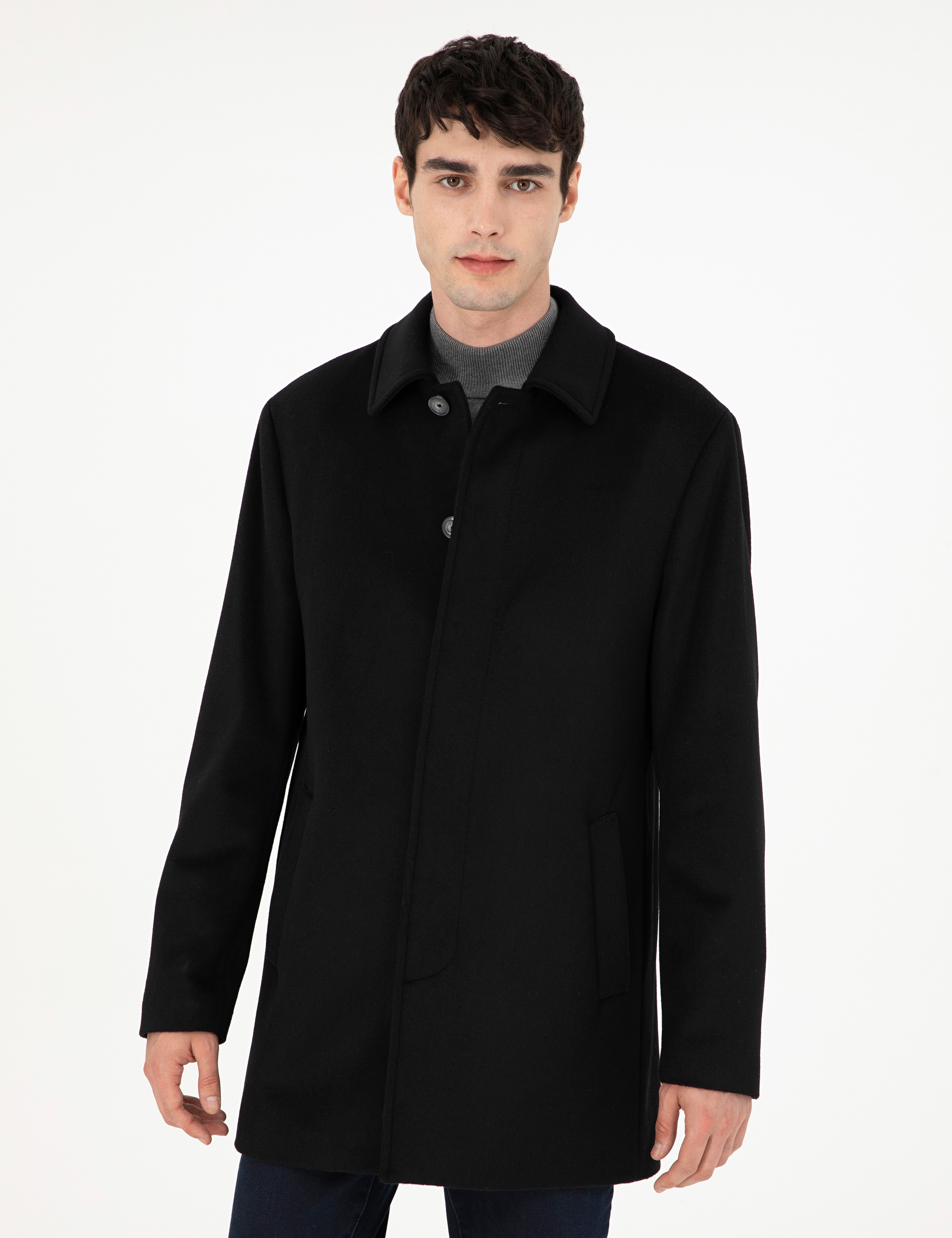 Siyah Slim Fit Kaşe Kaban - Image 3