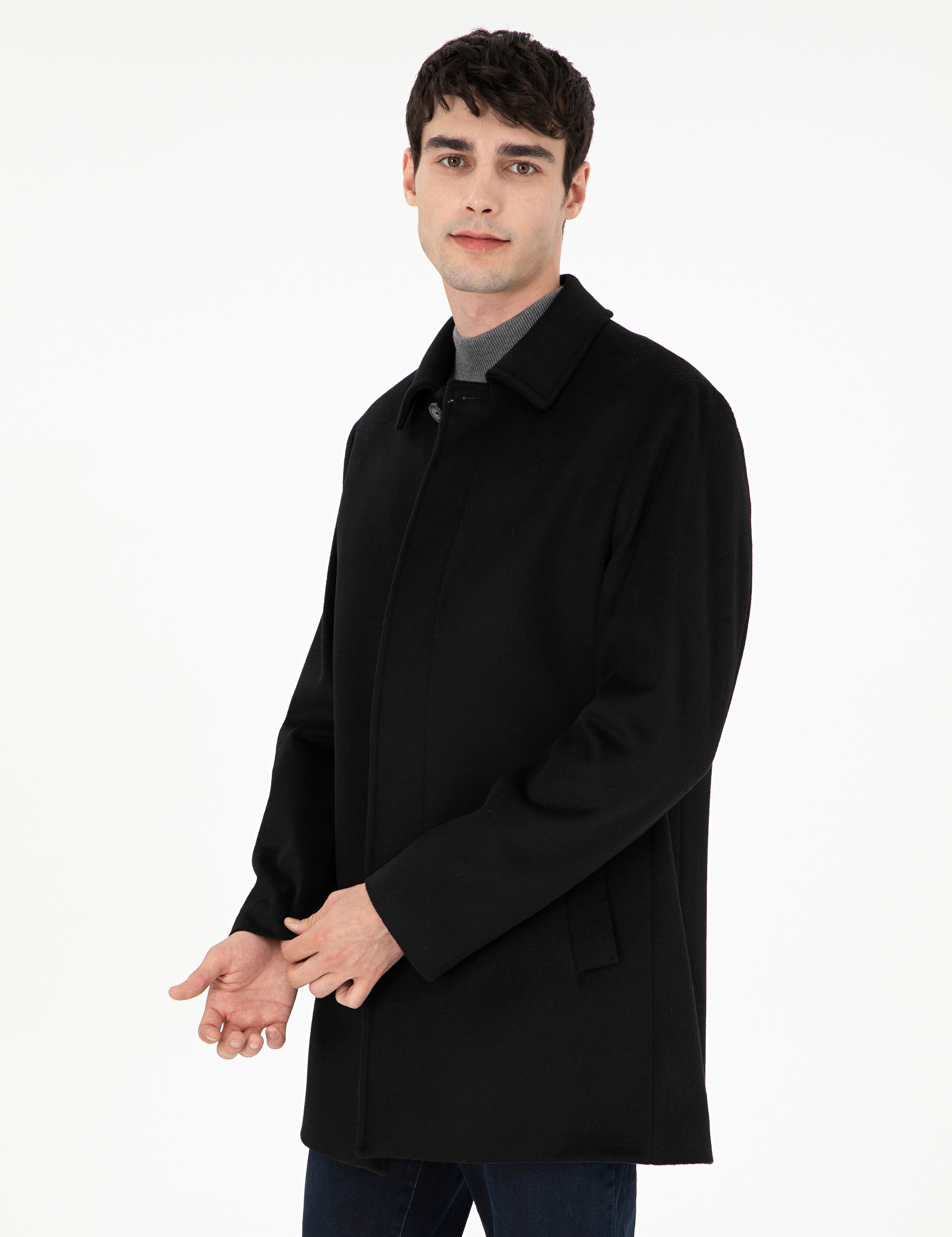 Siyah Slim Fit Kaşe Kaban - Image 1