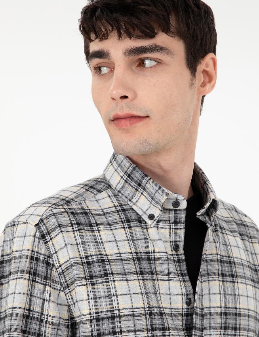 Gri Ekose Regular Fit Uzun Kollu Gömlek