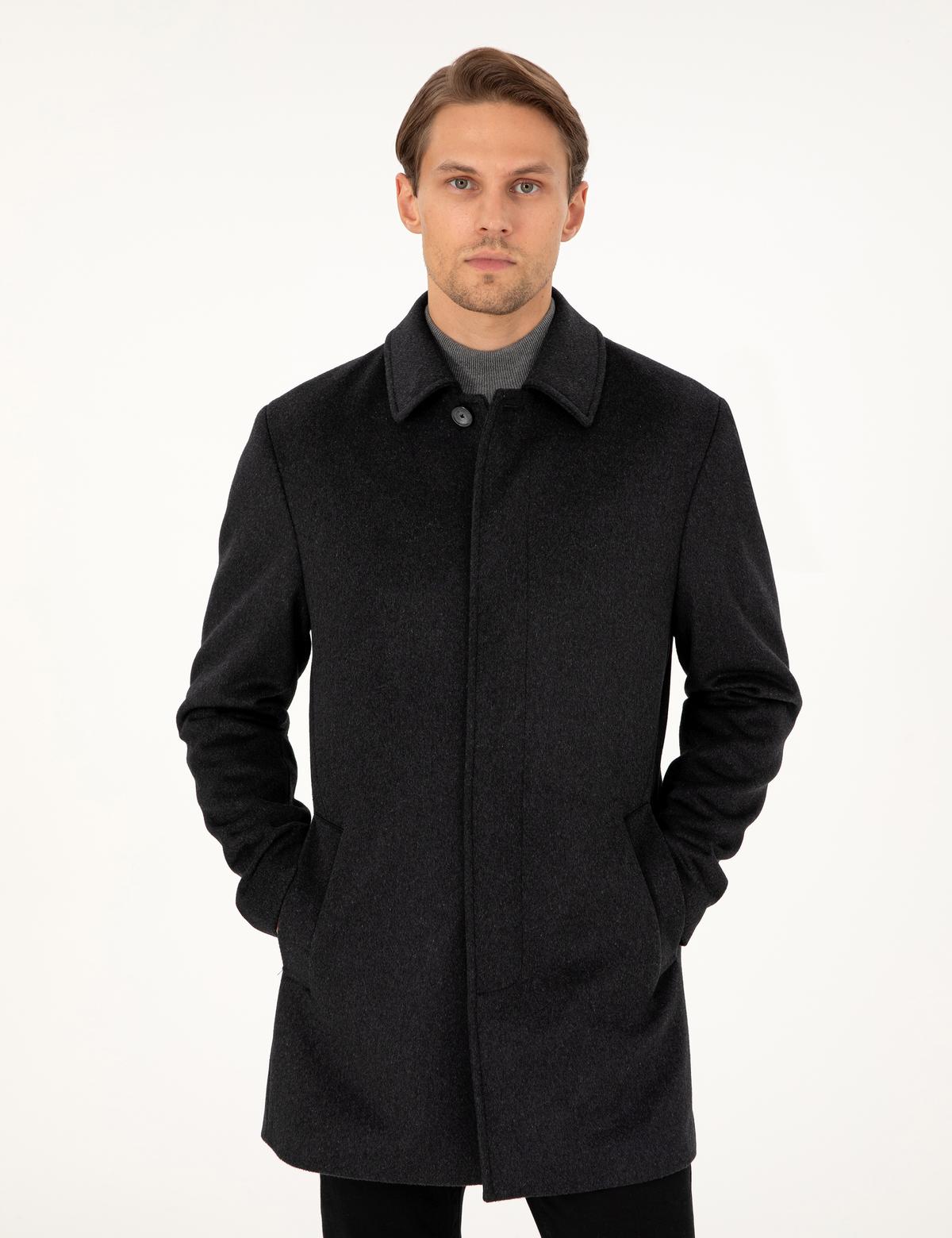 Antrasit Slim Fit Yün Karışımlı Kaşe Kaban - 50291015036