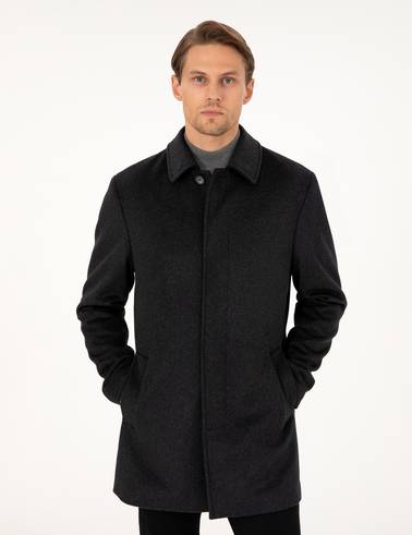 Antrasit Slim Fit Yün Karışımlı Kaşe Kaban