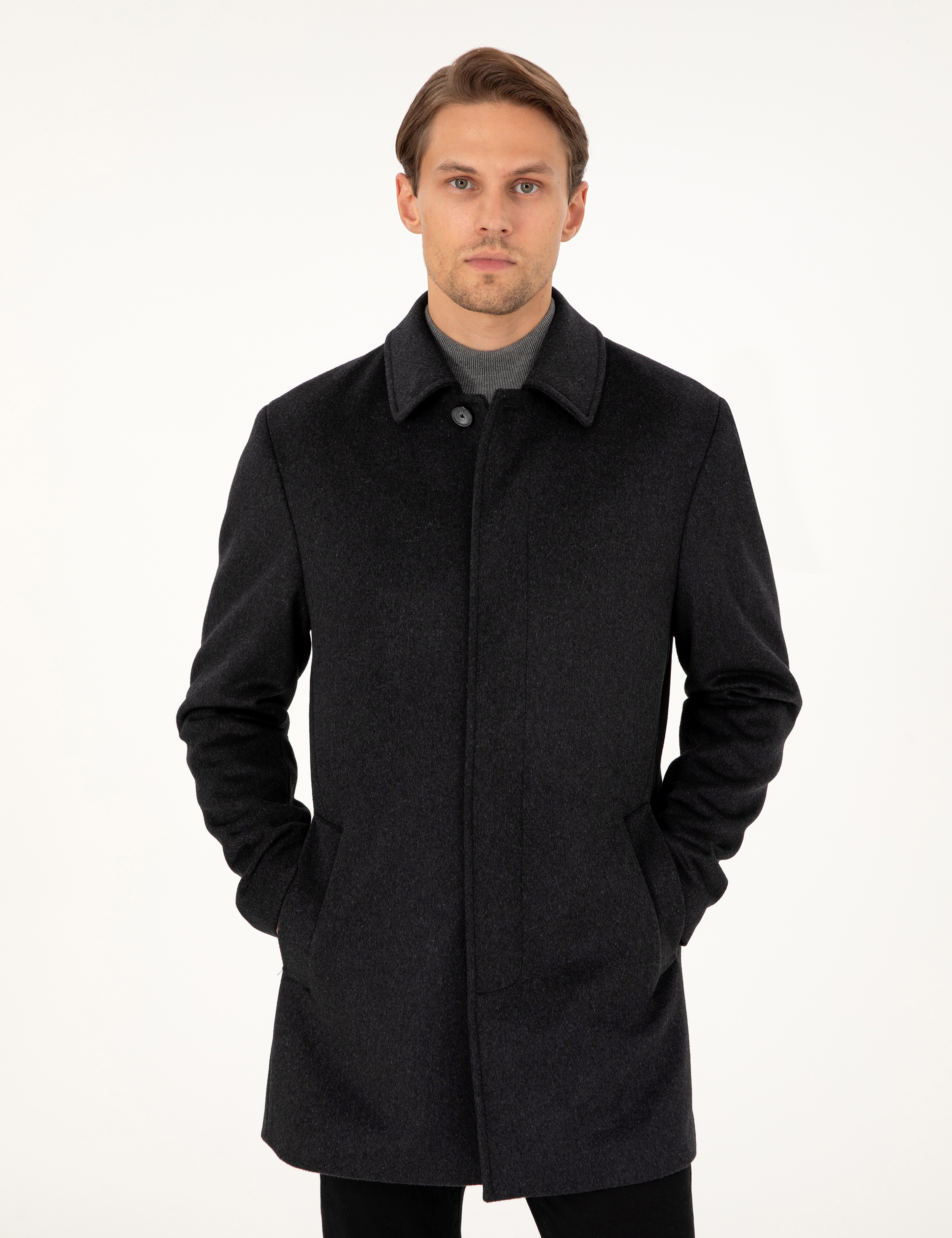 Antrasit Slim Fit Yün Karışımlı Kaşe Kaban - Image 3